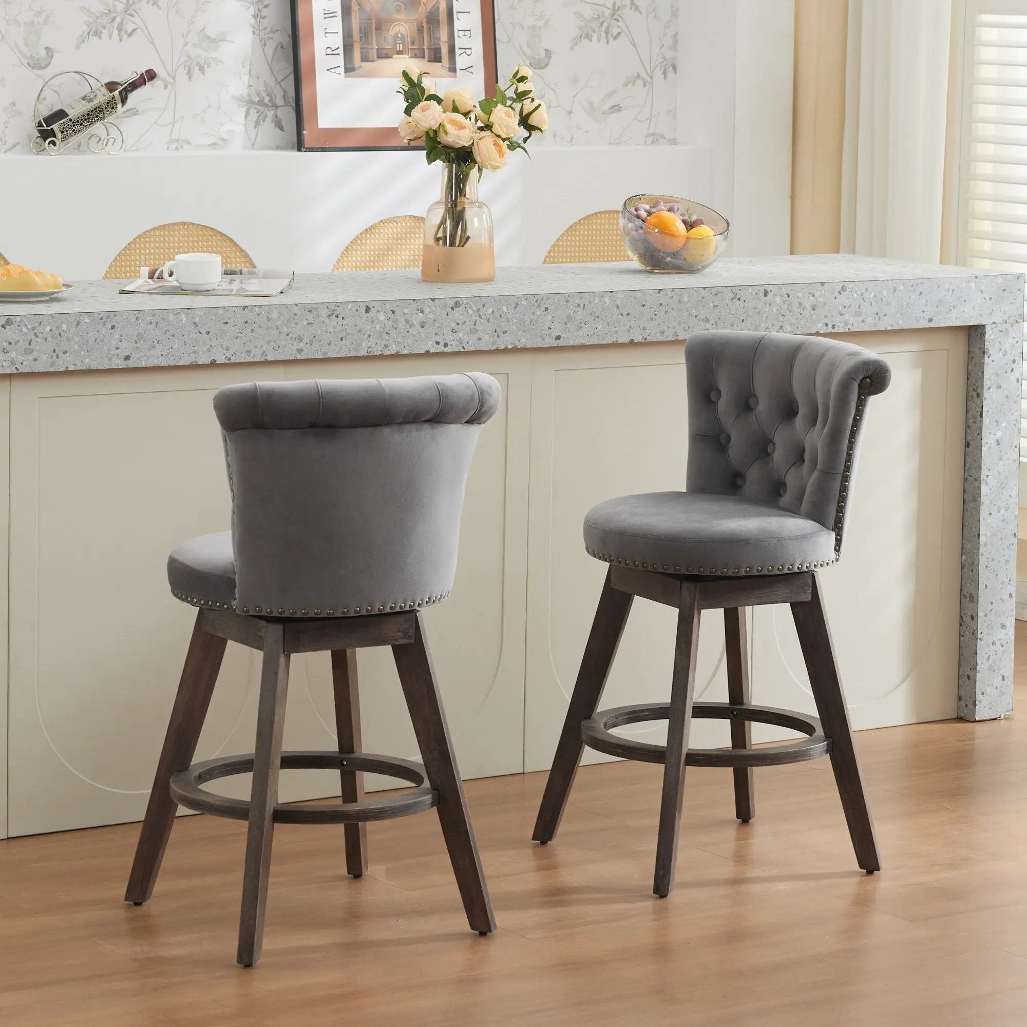 26" Counter Height Bar Stools Set of 2 with 360° Swivel and Velvet Upholstery by HouseOfZazla