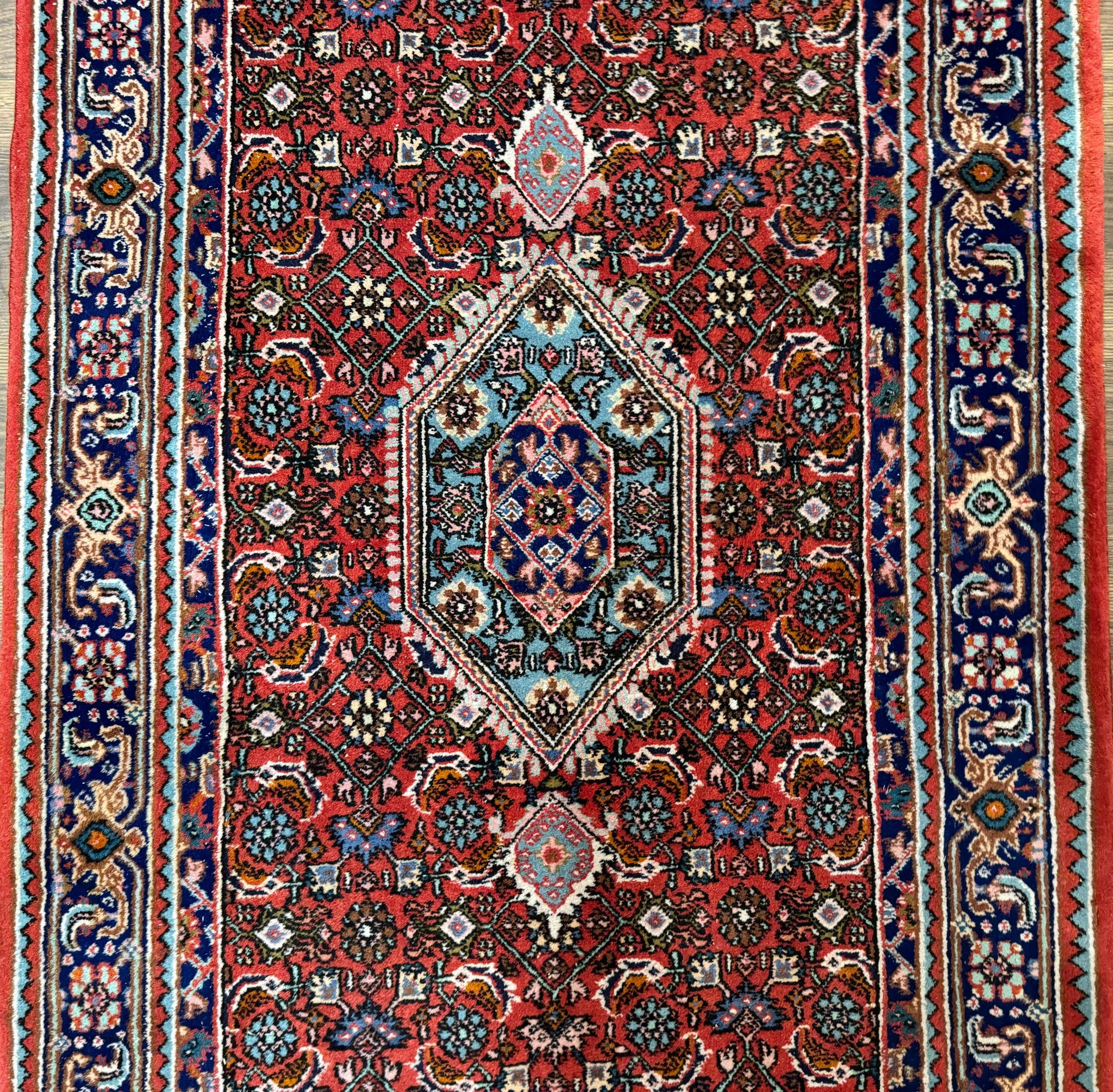 Indo Persian Bidjar Runner Rug 3 x 18.6, Red Navy Blue, Long Runner, Wool Oriental Carpet by Jewel Rugs