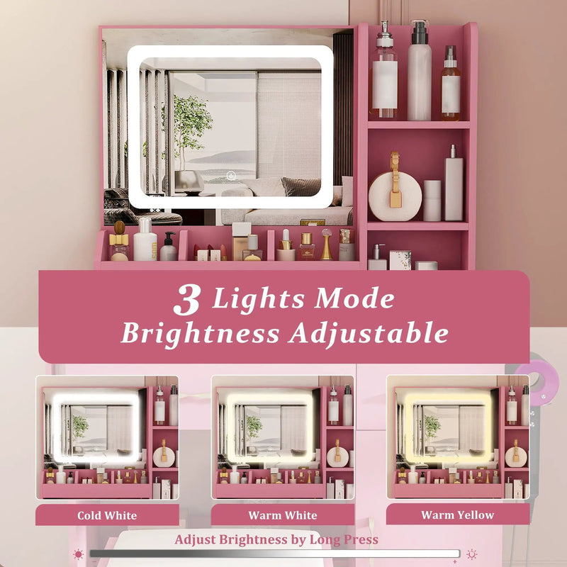 Vanity Desk With LED Mirror Lights And Power Outlet Charging Station, 3 Drawers, 7 Shelves, Storage Stool - Pink by Unique Piece Furniture