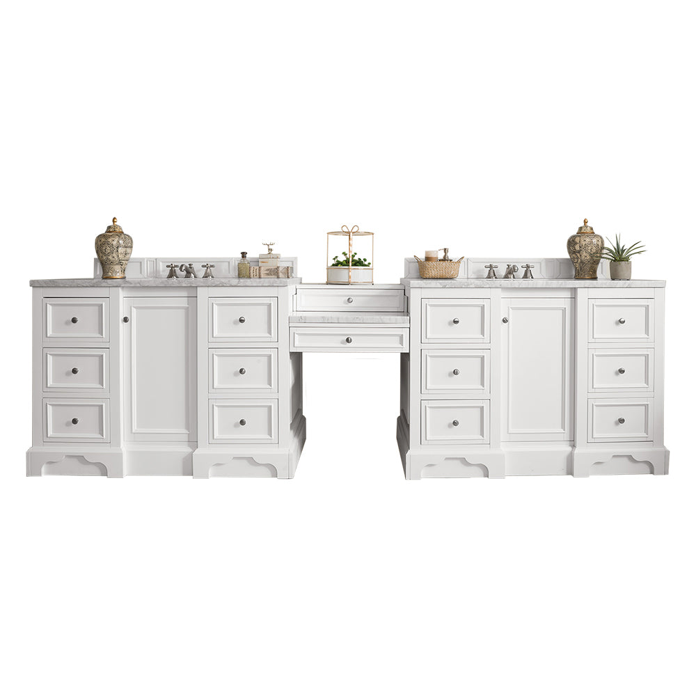 James Martin De Soto 118" Double Bathroom Vanity, Bright White with Carrara White countertop