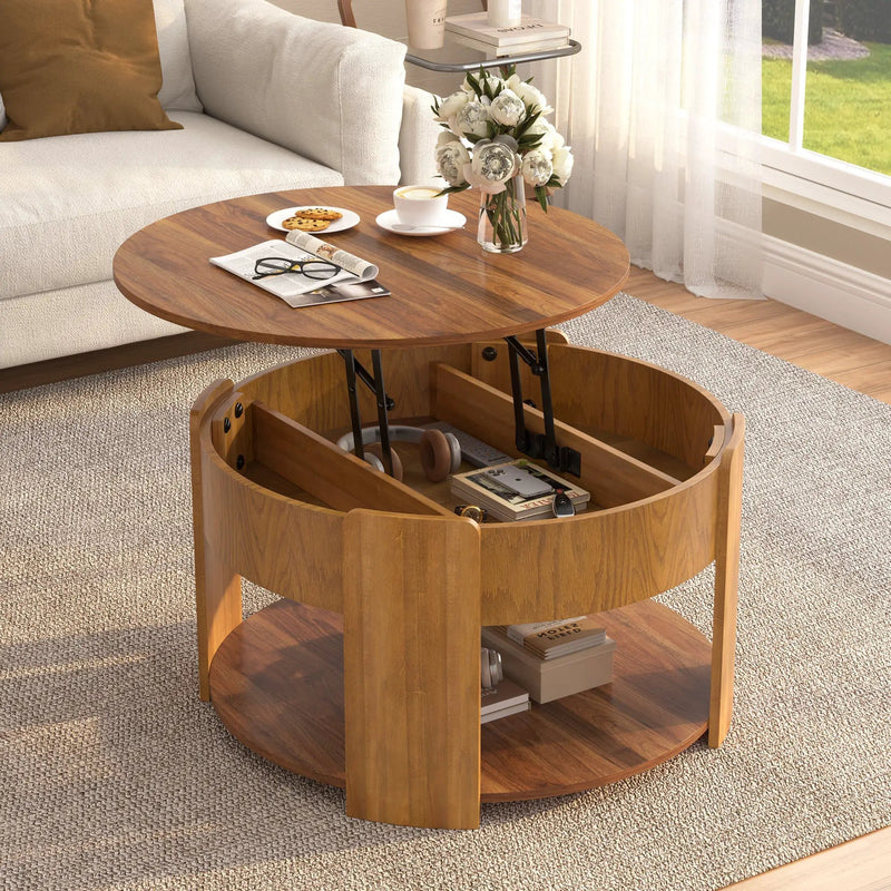 Vibe Haus Farmhouse Round Lift Top Coffee Table with Hidden Storage by HouseOfZazla