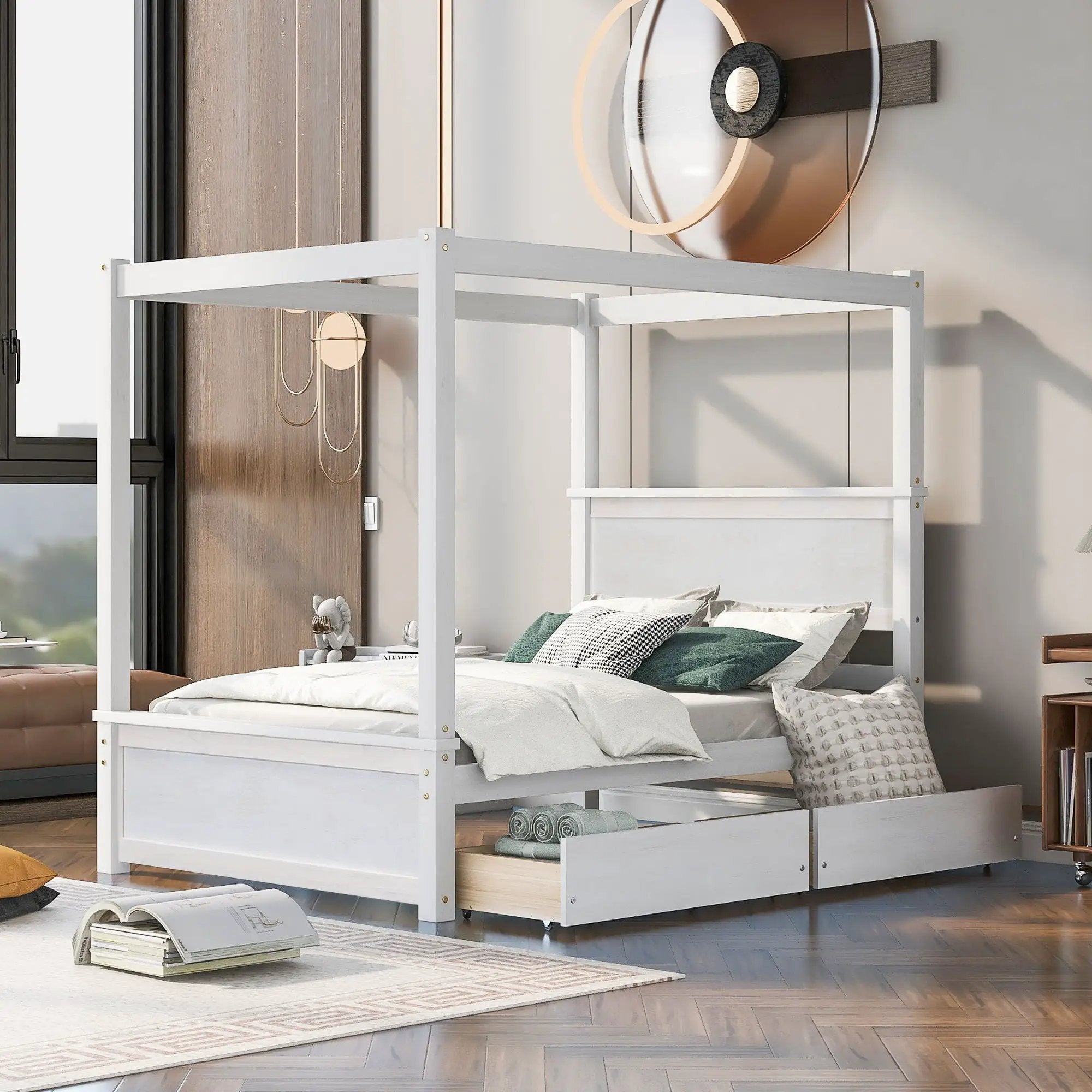 Canopy Platform Bed With Drawers, Support Slats, No Box Spring Needed by HouseOfZazla