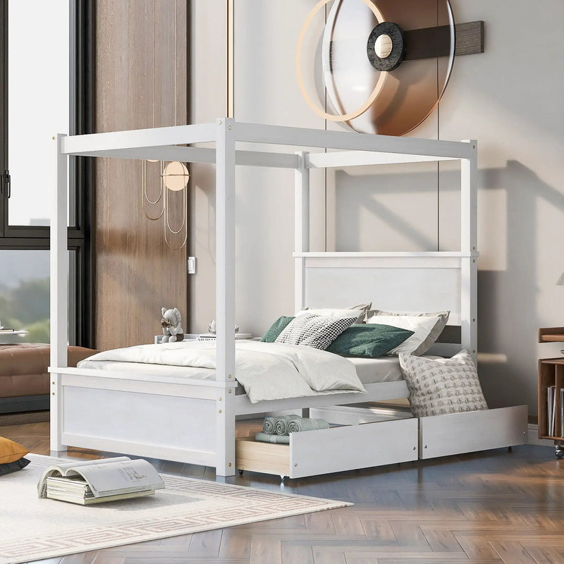 Canopy Platform Bed With Drawers, Support Slats, No Box Spring Needed by HouseOfZazla