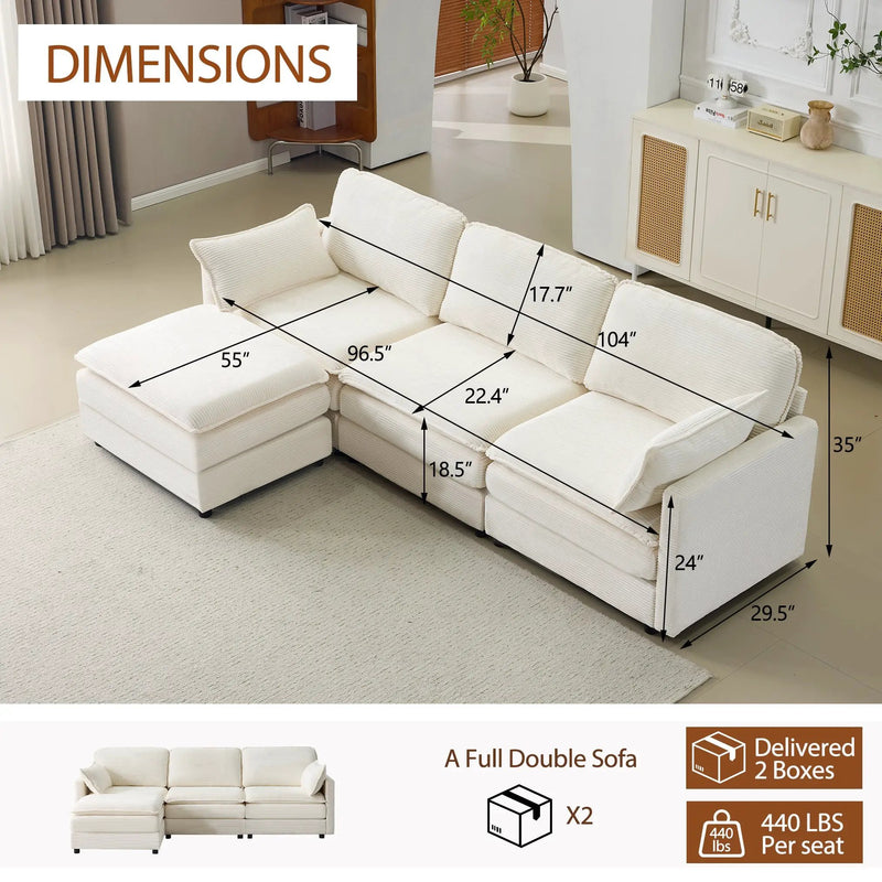 104" Plush Cloud 3 Seater Sofa: Modular Design with Ottoman by HouseOfZazla