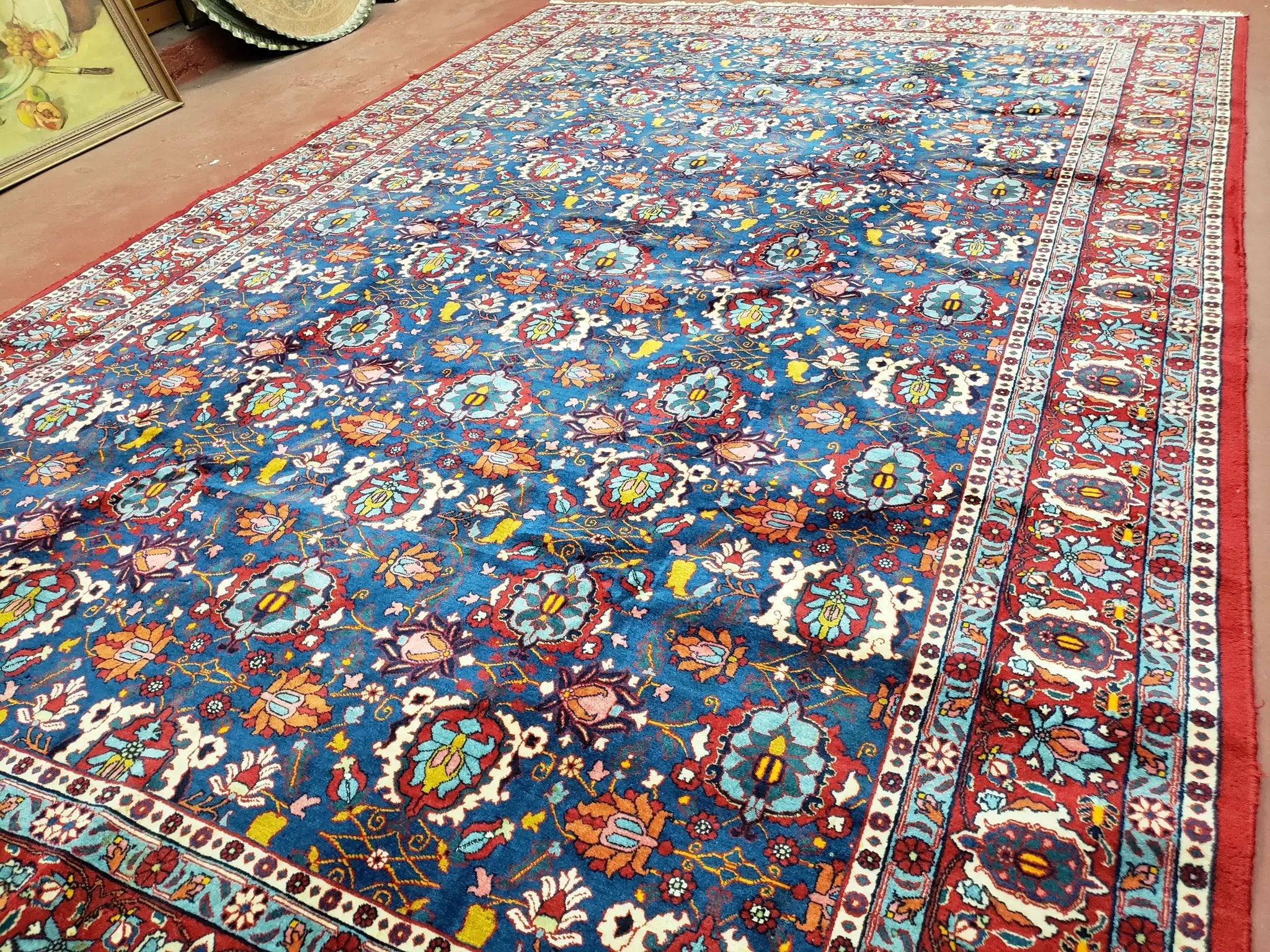 Rare Antique Persian Veramin Carpet, Mina-Khani Pattern, Blue, Red, Ivory, 7x11 ft, Hand-Knotted, Wool by Jewel Rugs