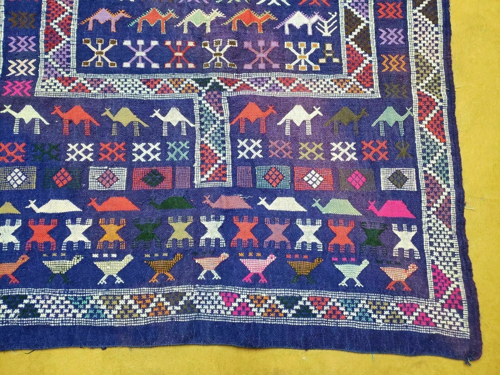 3' X 7' Vintage Handmade Indian Wool Kilim Flat weave Rug Camel Birds Blue Geometric Short Runner by Jewel Rugs