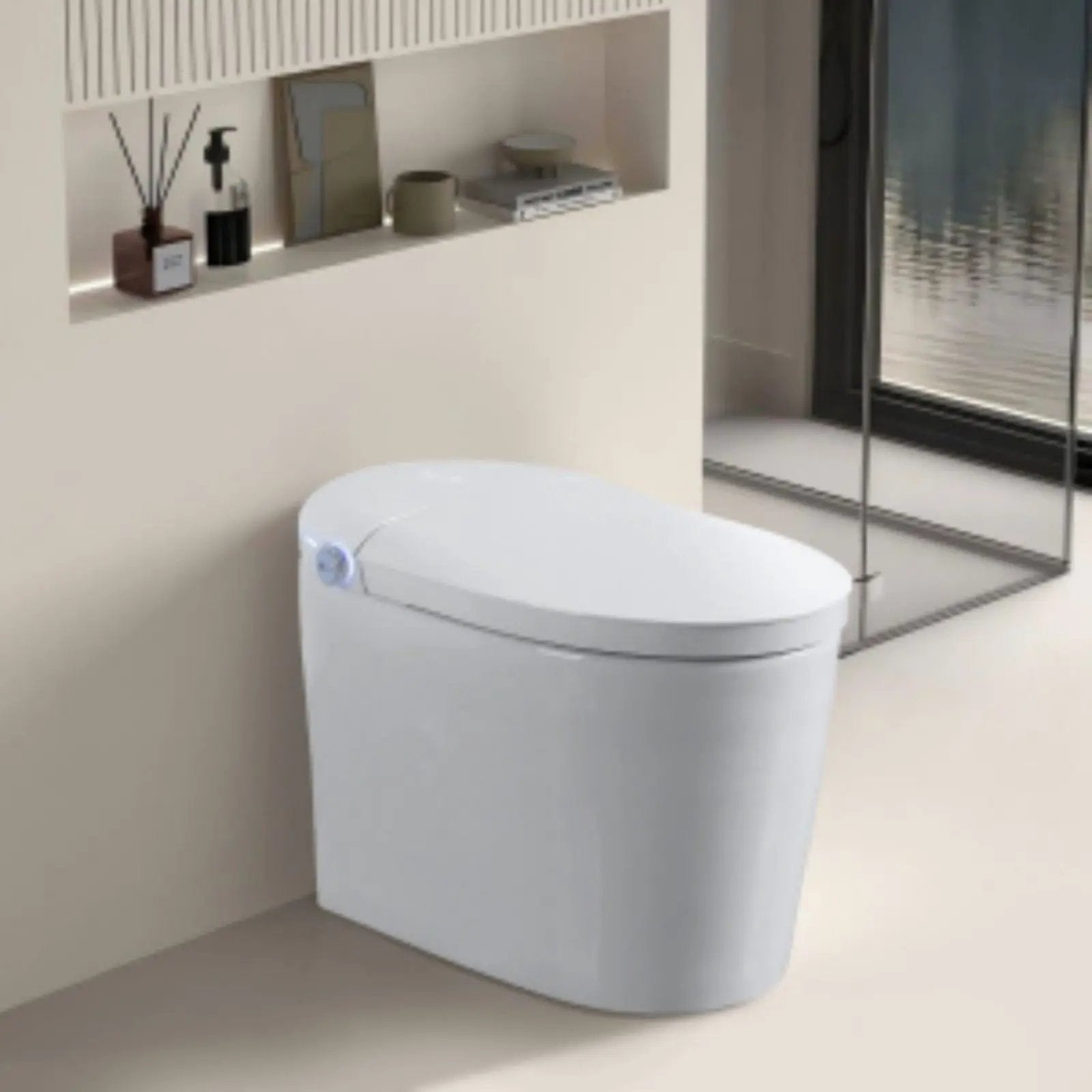 Tankless Smart Toilet With Bidet Built In, 1 Piece, Auto Flush, Auto Open / Close, Heated Seat, Bubble Wash, Warm Water And Dry, Adjustable Temp, Remote Control Side Know - White by HouseOfZazla