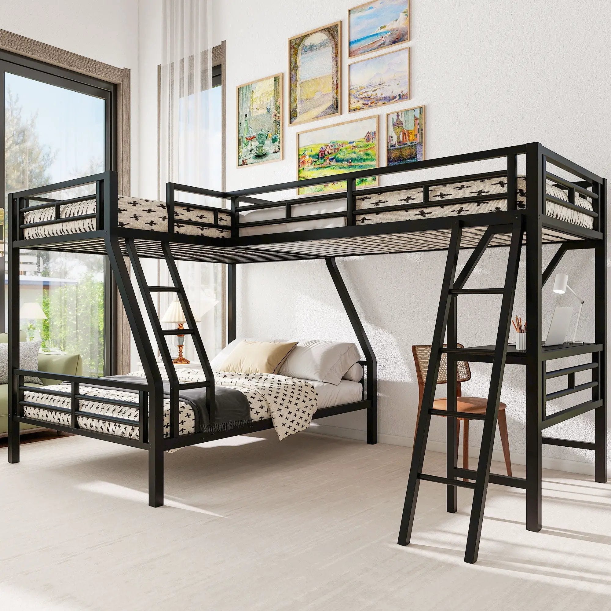 Twin Over Full Bunk Bed With Loft And Desk, L-Shaped Design For 3 Sleepers - Black by HouseOfZazla