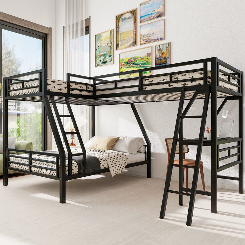 Twin Over Full Bunk Bed With Loft And Desk, L-Shaped Design For 3 Sleepers - Black by Unique Piece Furniture