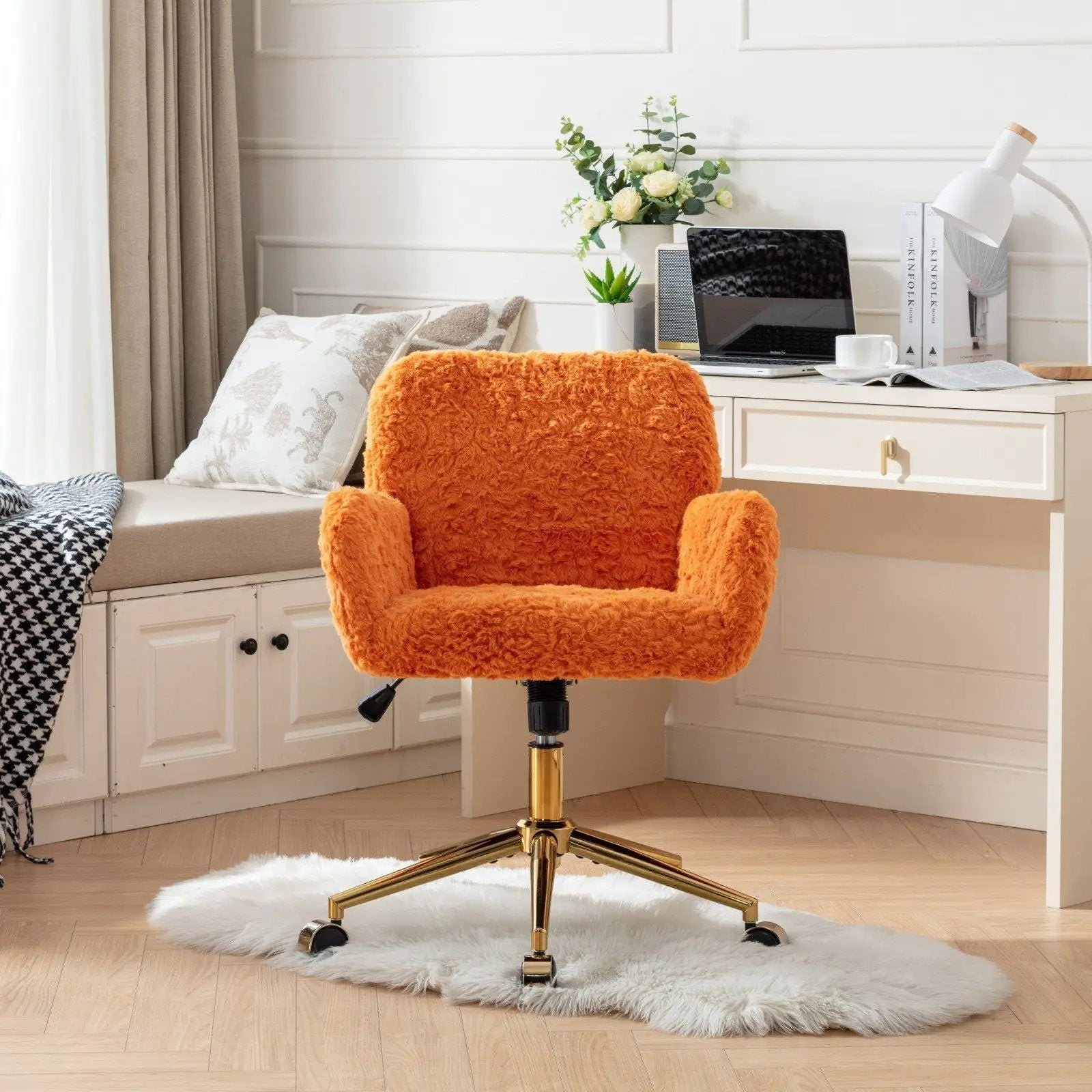 Office Chair, Artificial Rabbit Hair Home Office Chair With Metal Base, Adjustable Desk Chair Swivel Office Chair, Vanity Chair by HouseOfZazla