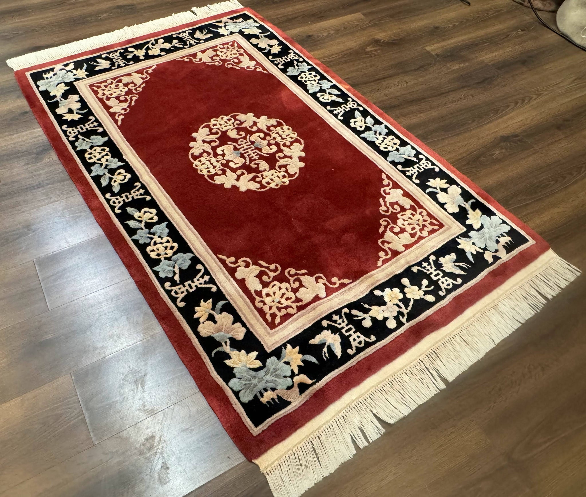 Dark Red Chinese Wool Rug 4x6, Chinese 90 Line Rug, Carving Rug, Handmade, Pair B by Jewel Rugs