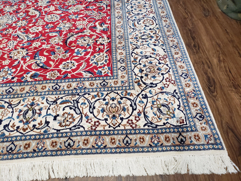 Persian Nain Rug 8x12, Red and Ivory, Signed by Jewel Rugs