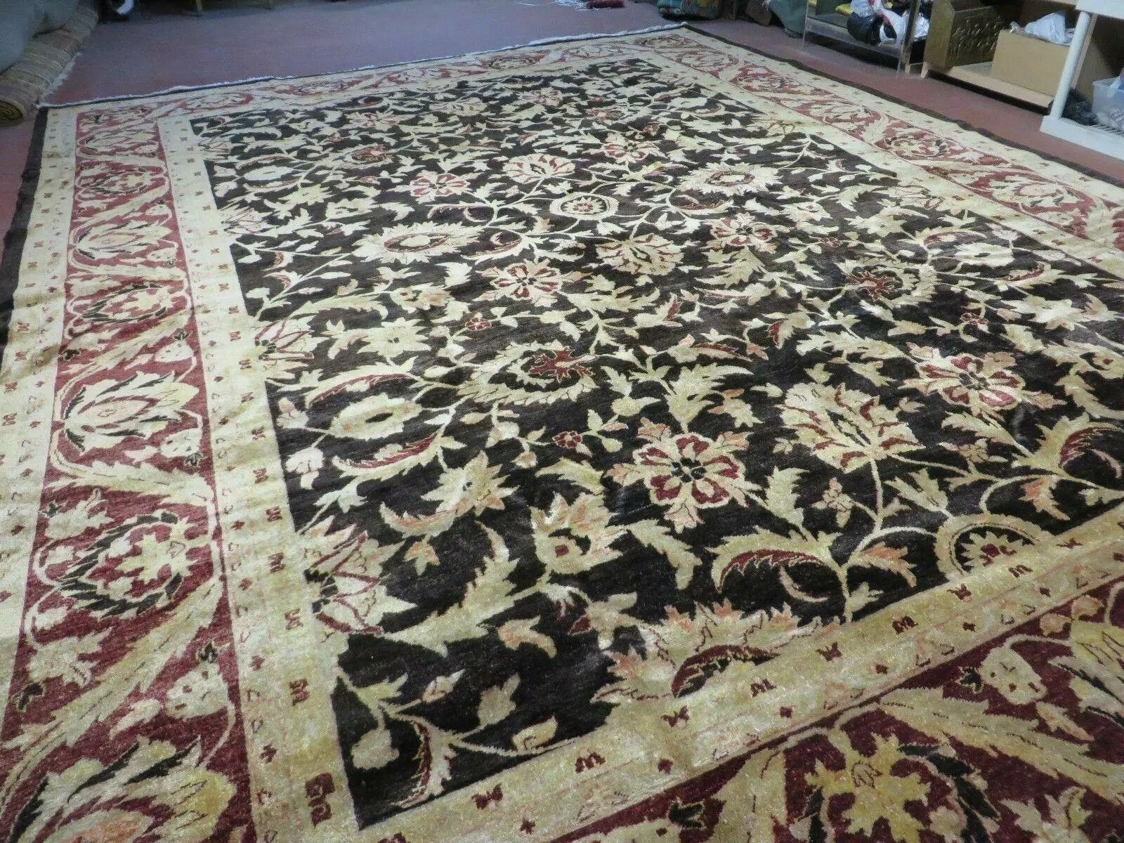 11' X 15' Vintage Hand Knotted Indian Agra Wool Rug Hand Made Dark Brown Floral by Jewel Rugs