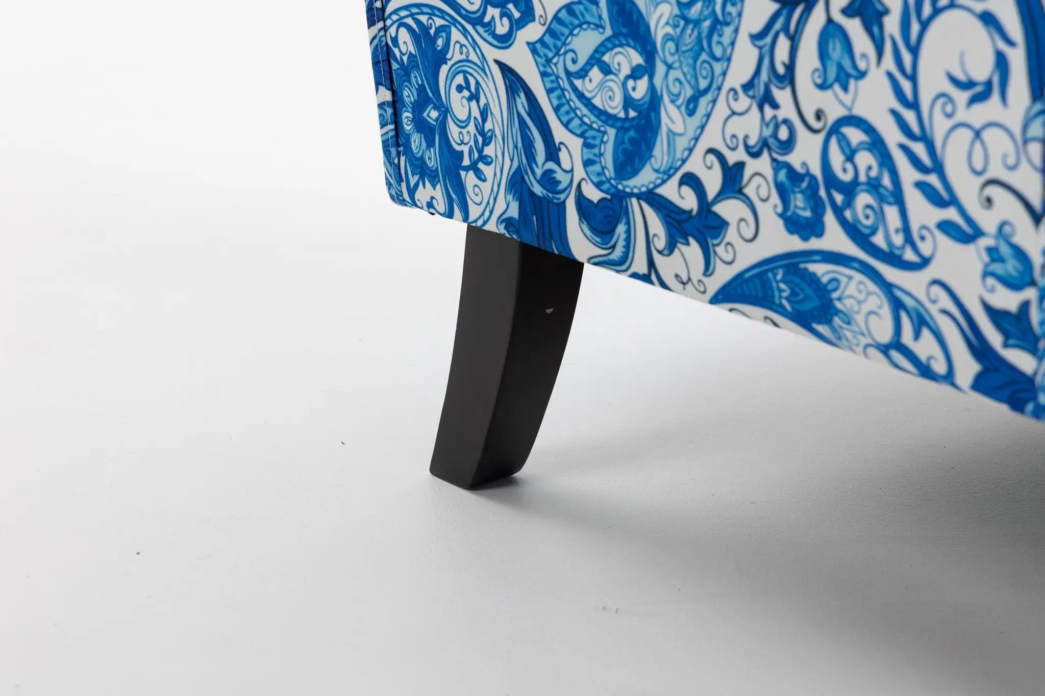 Upholstered Accent Chair with Blue and White Porcelain Print Linen Fabric by HouseOfZazla