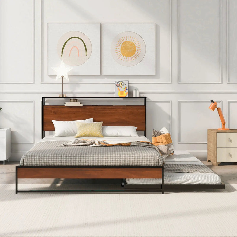 Platform Bed Frame With Trundle, USB Ports And Slat Support, No Box Spring Needed by Unique Piece Furniture