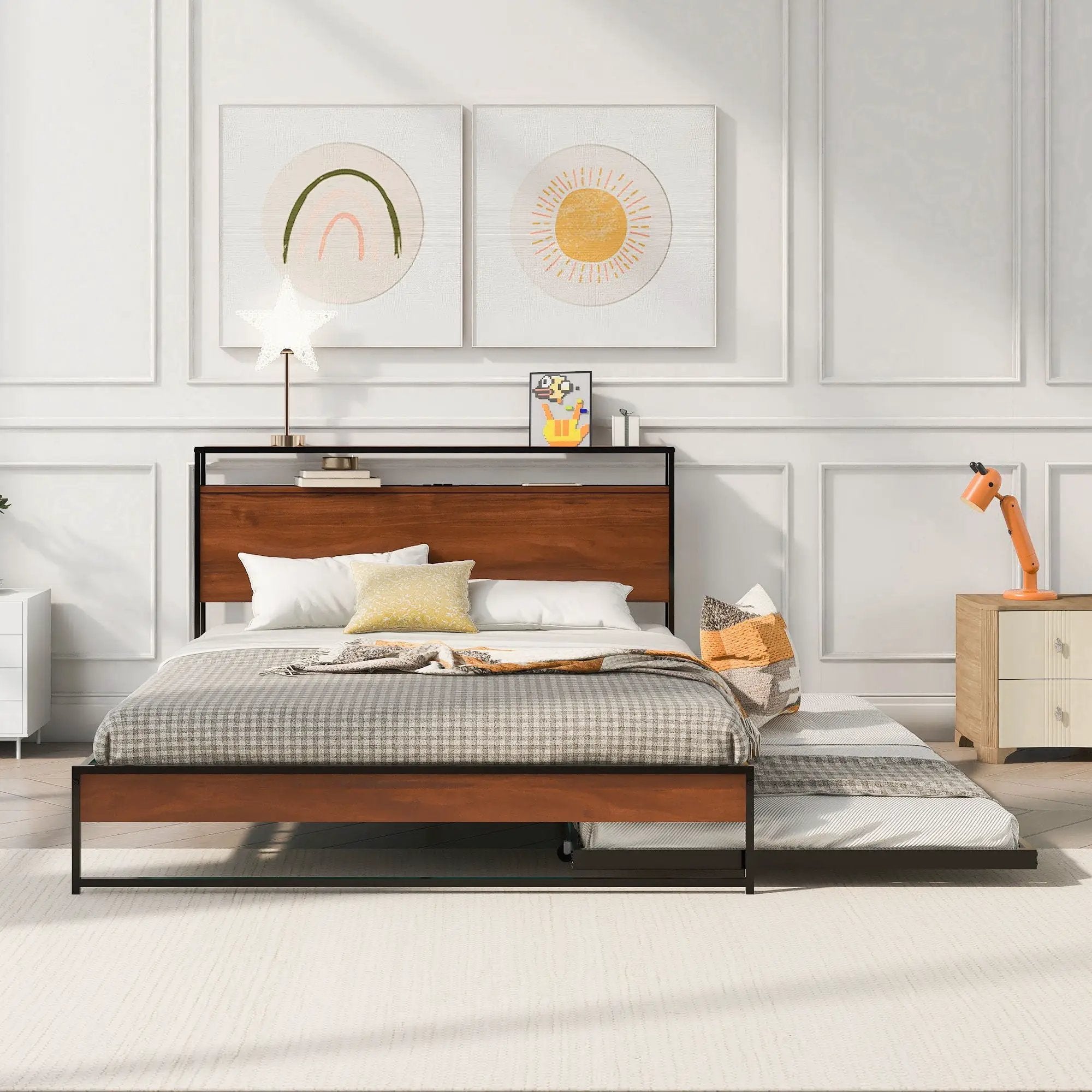 Platform Bed Frame With Trundle, USB Ports And Slat Support, No Box Spring Needed by HouseOfZazla