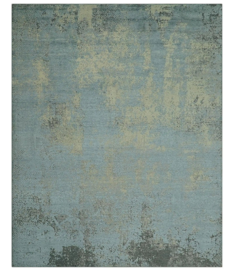 Abstract Design Blue, Beige And Gray 8x10 Hand Knotted Wool and Bamboo Silk Rug by The Rug Decor