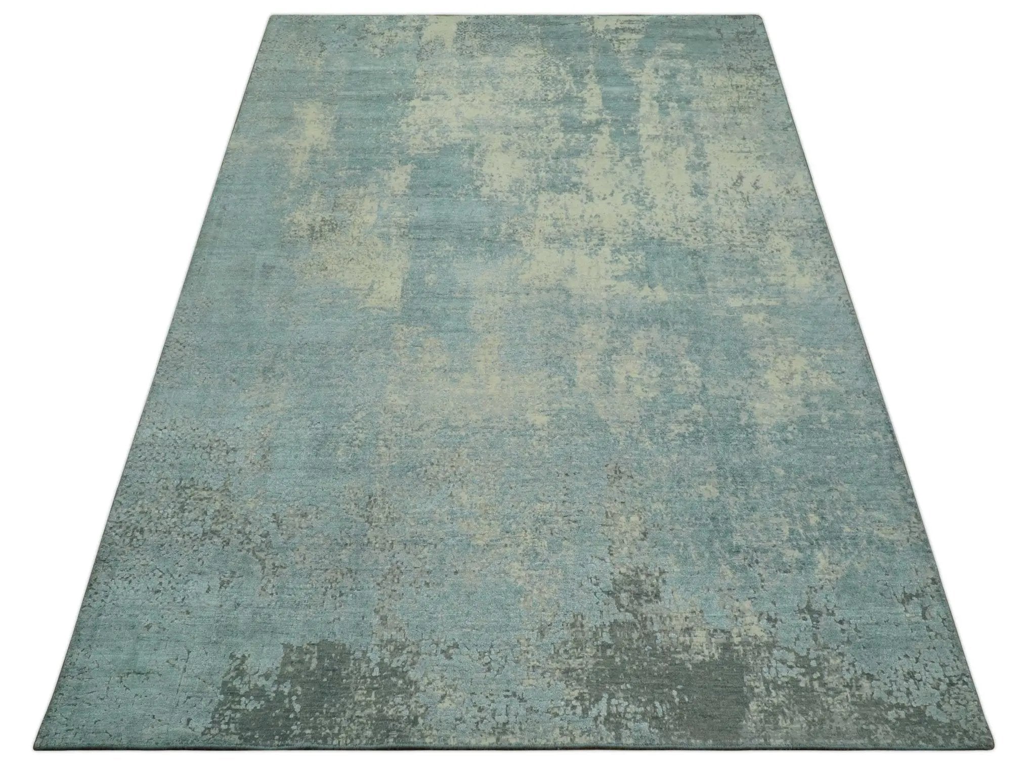 Abstract Design Blue, Beige And Gray 8x10 Hand Knotted Wool and Bamboo Silk Rug by The Rug Decor