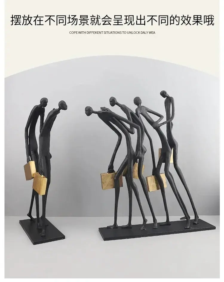 Abstract Walking Figures Sculpture with Gold Briefcases for Your Home by House Of Avana