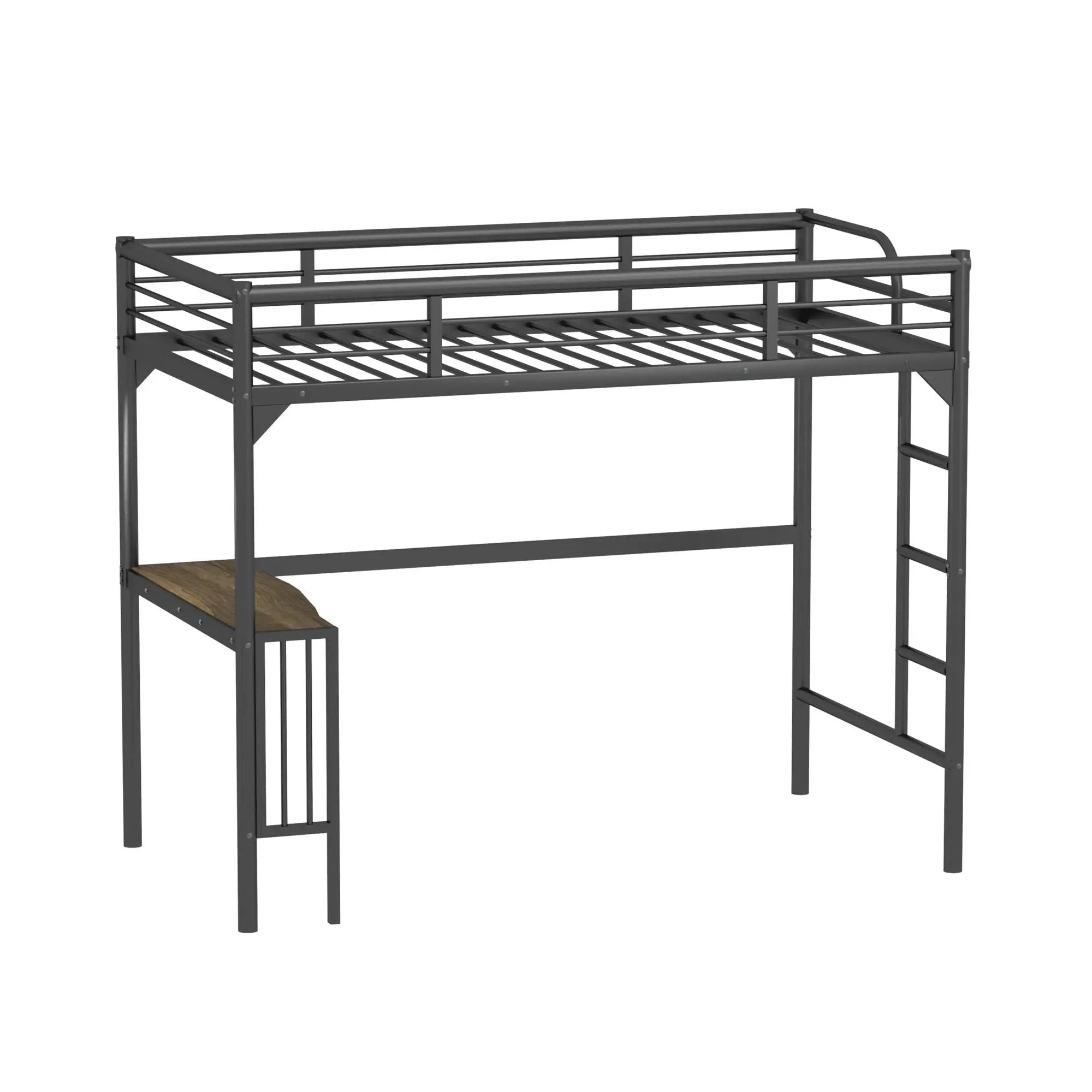 Twin Metal Loft Bed With Desk, Ladder And Guardrails, Bookdesk Under Bed - Black by HouseOfZazla