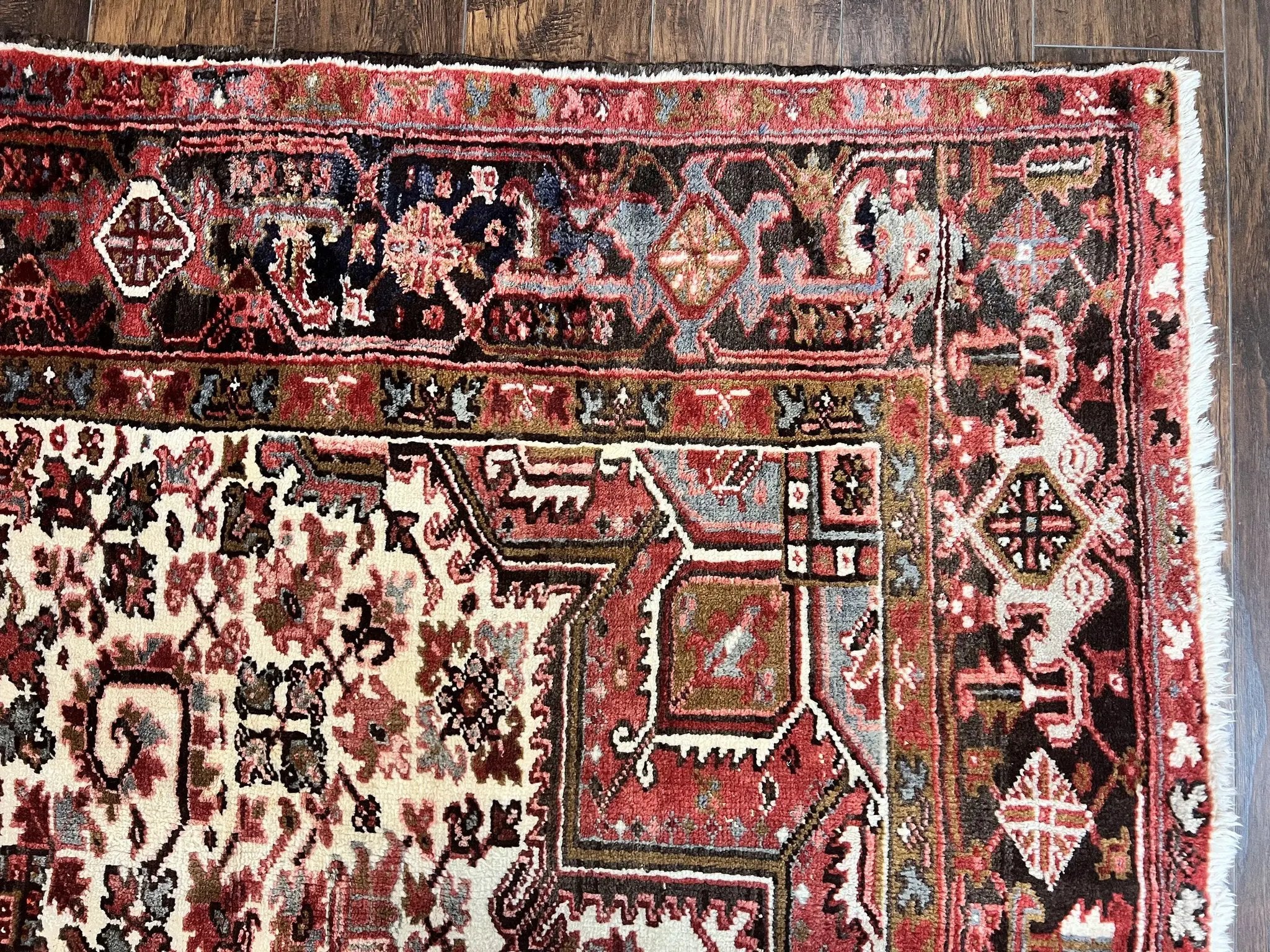 Large Persian Heriz Rug 10x13, Red and Cream Geometric Tribal Room Sized Handmade Wool Hand Knotted Semi Antique Decorative Oriental Carpet by Jewel Rugs