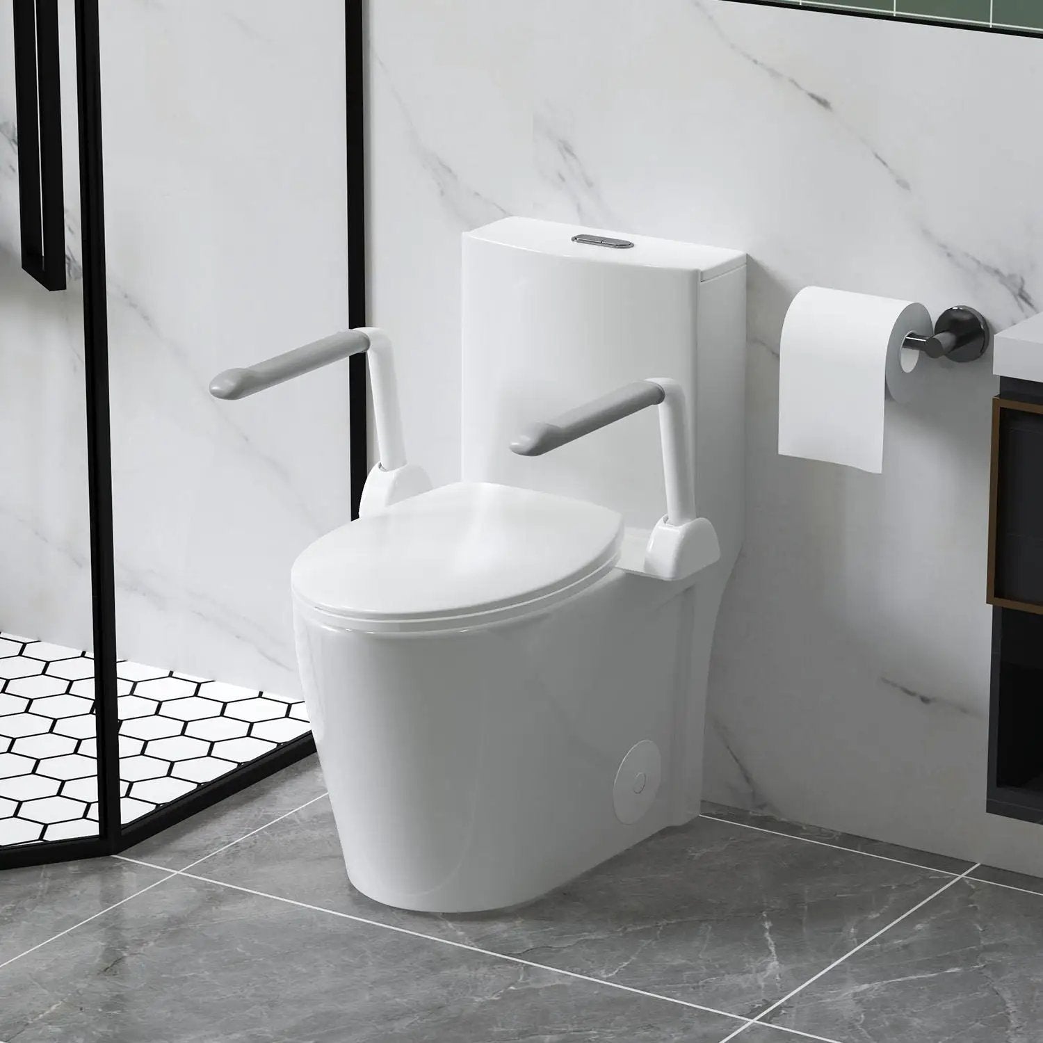 Upgraded Design Armrest, With Glossy Gw 007 1 Piece Toilet With Tornado Flush, Soft Close Seat, Dual Flush Map 1000G, Comfort Chair Seat - Gloss White by HouseOfZazla