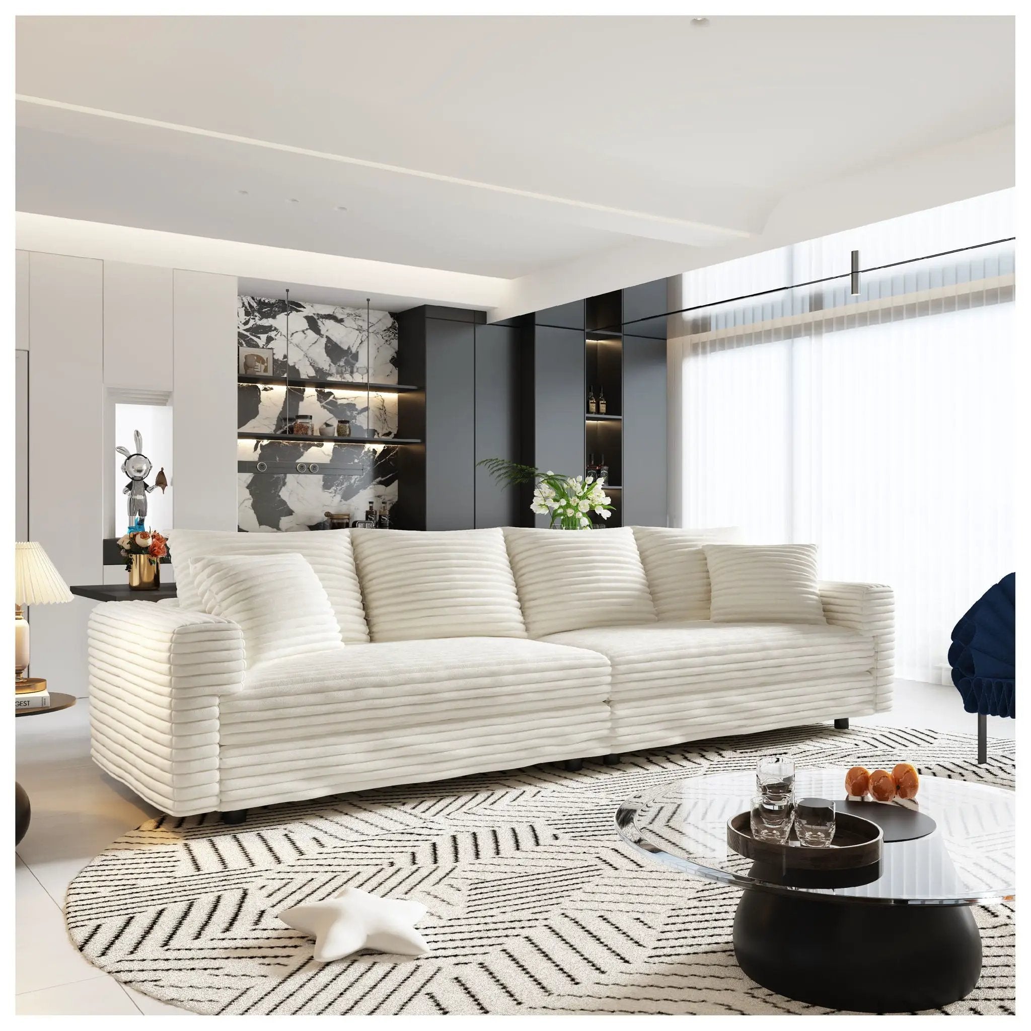 Deep Seat Convertible Sofa With Soft Pillows And Ottomans