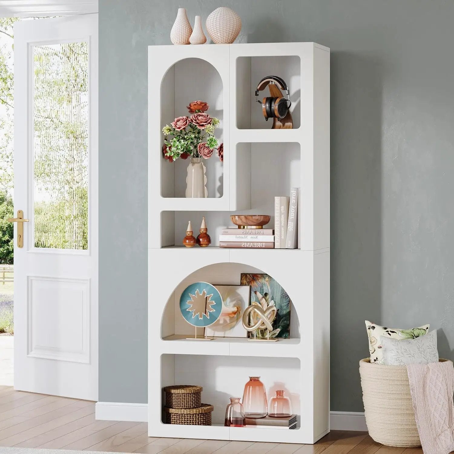 Geometric Arched 5 Shelf Art Display Bookcase For Living Room - White