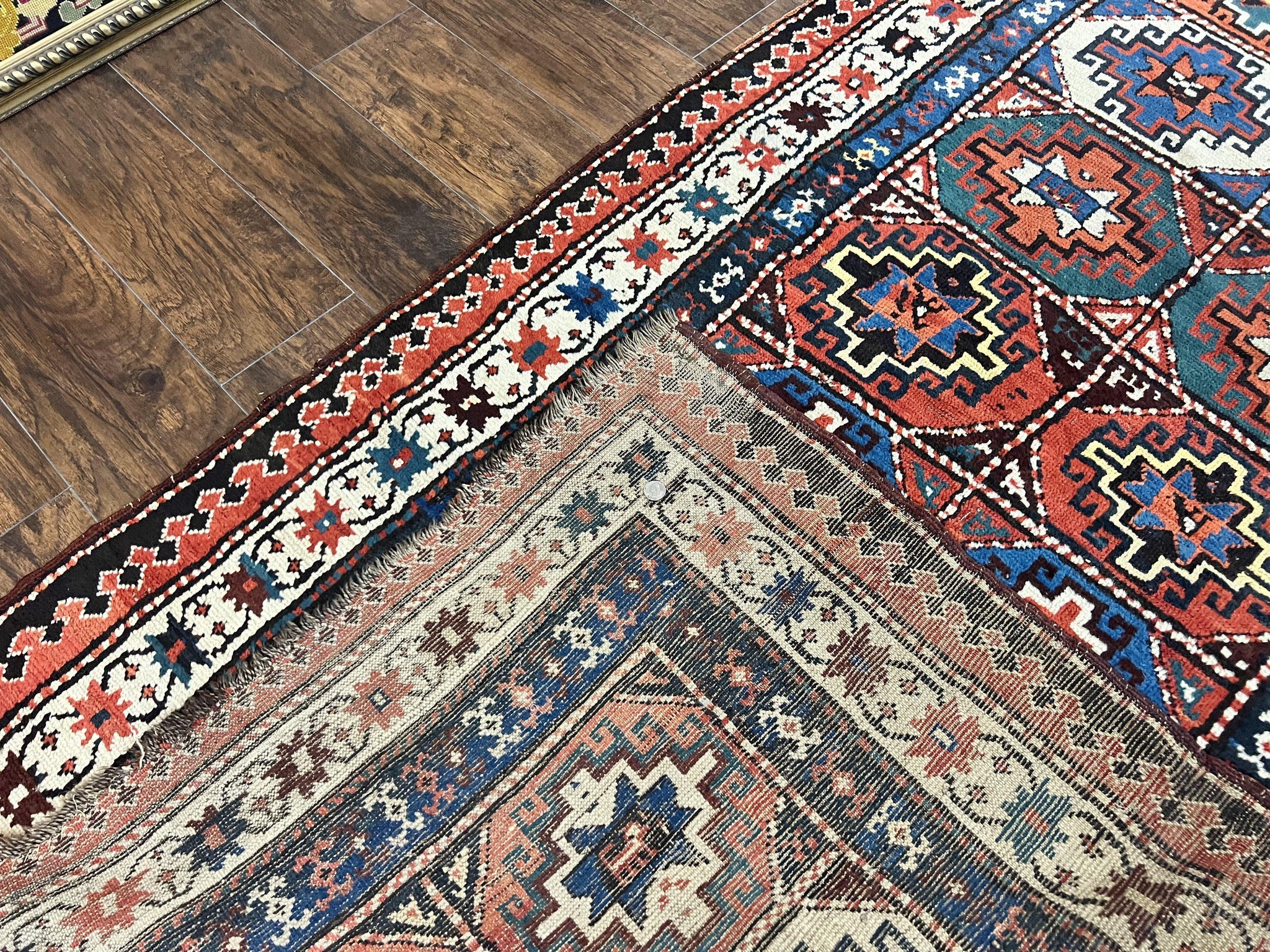 Antique Caucasian Kazak Runner Rug 4 x 9.5, Handmade Wool Rug for Hallway, Rare Colorful Panel Design Mid 19th Century 1870s Oriental Carpet by Jewel Rugs