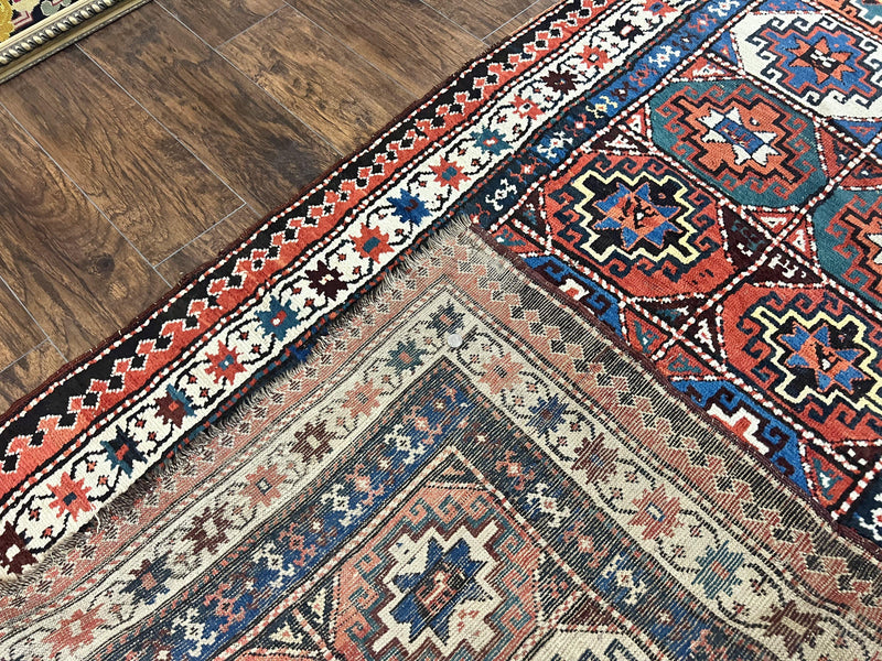 Antique Caucasian Kazak Runner Rug 4 x 9.5, Handmade Wool Rug for Hallway, Rare Colorful Panel Design Mid 19th Century 1870s Oriental Carpet by Jewel Rugs