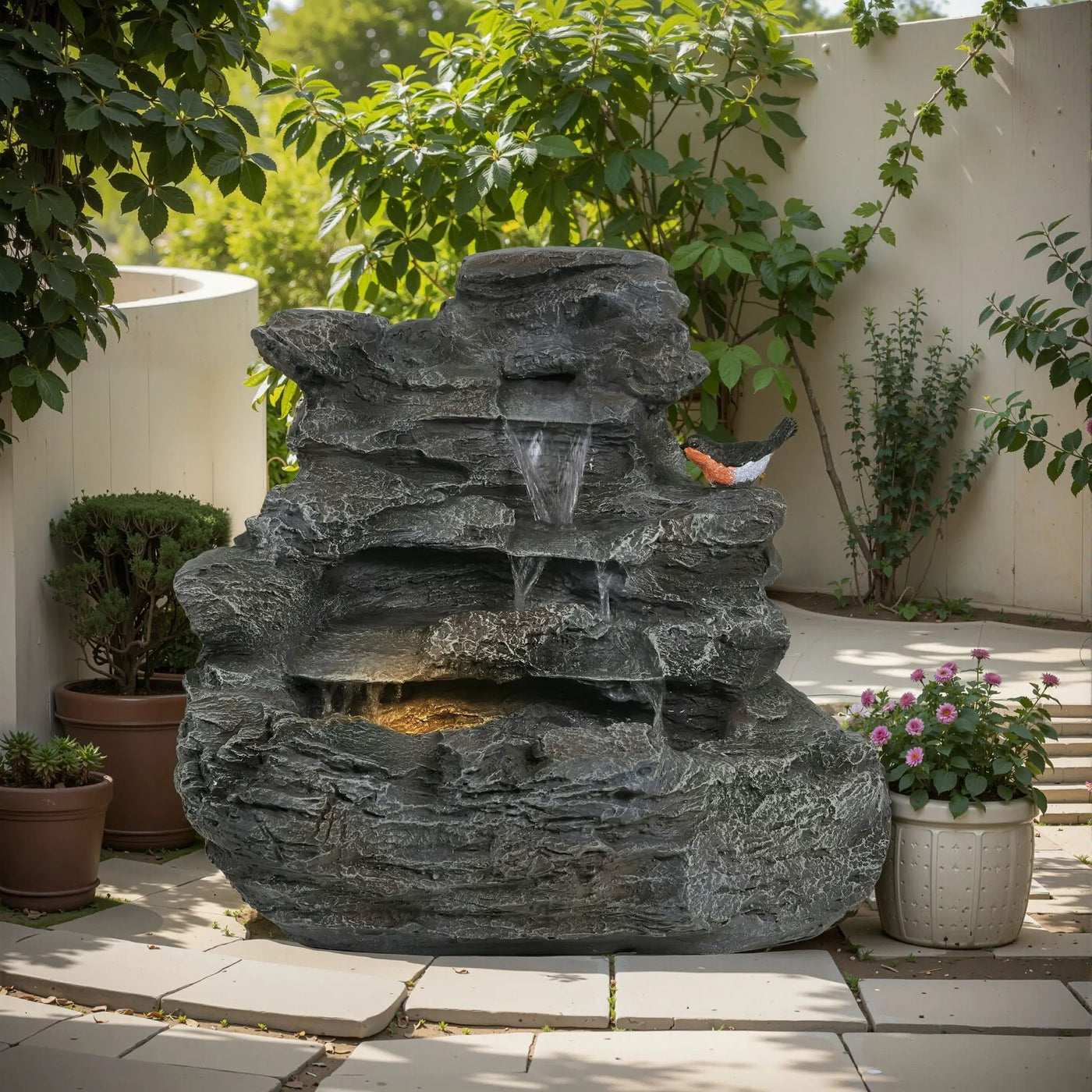 Concrete Rock Waterfall Fountain with LED Lights by HouseOfZazla