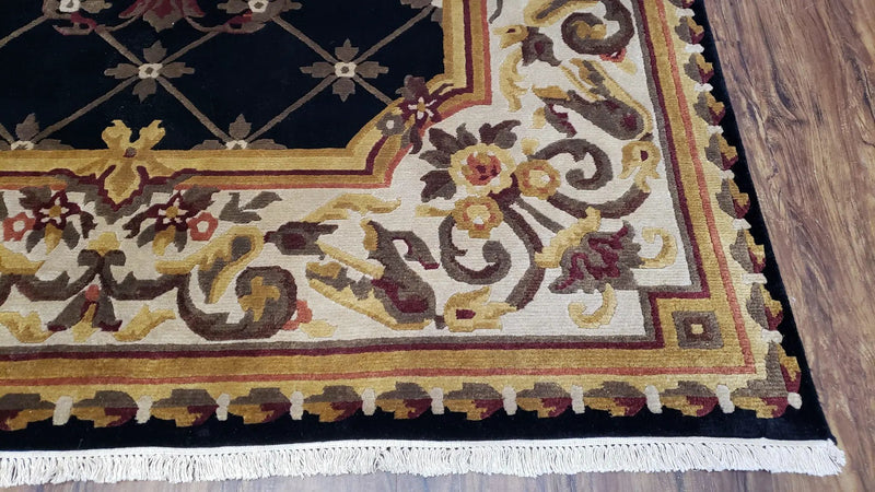 Nepal Rug 6x9, Nepalese Aubusson Area Rug 6 x 9, Hand-Knotted Wool Soft Pile Black & Beige Tibetan Aubusson New Carpet European Savonnerie by Jewel Rugs