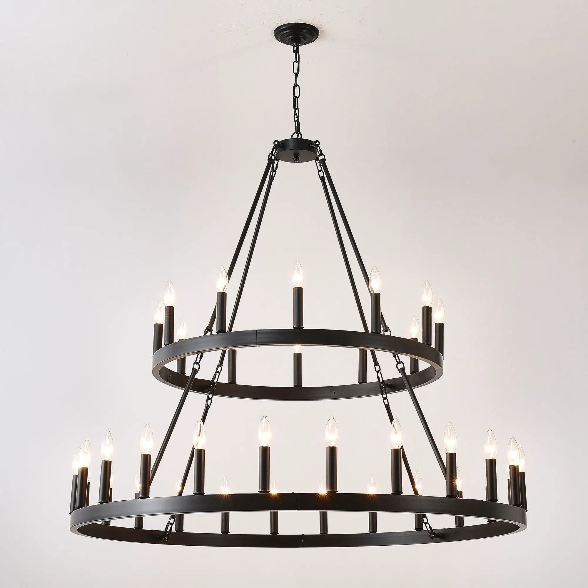 2 Tiers Wagon Wheel Chandelier Wooden Farmhouse 36 Light (24 / 12) Or (12 / 24) Metal Chandeliers 2 Story Light Fixtures Industrial For High Ceiling Living Dining Room Foyer, Adjustable Height - Black by HouseOfZazla