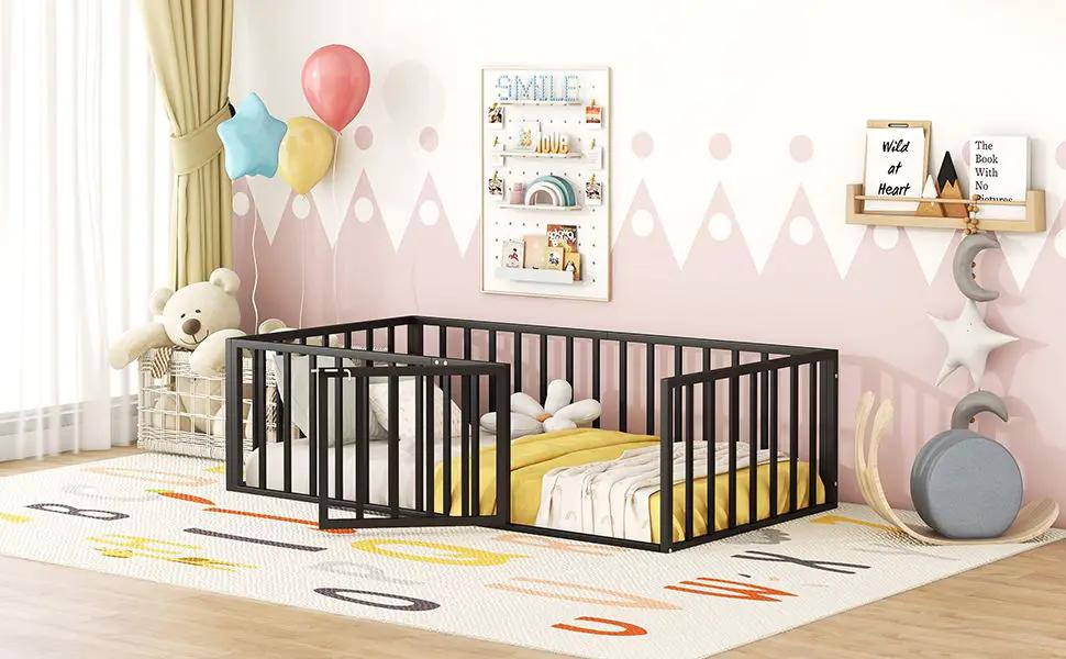 Metal Floor Bed Frame With Fence And Door by HouseOfZazla
