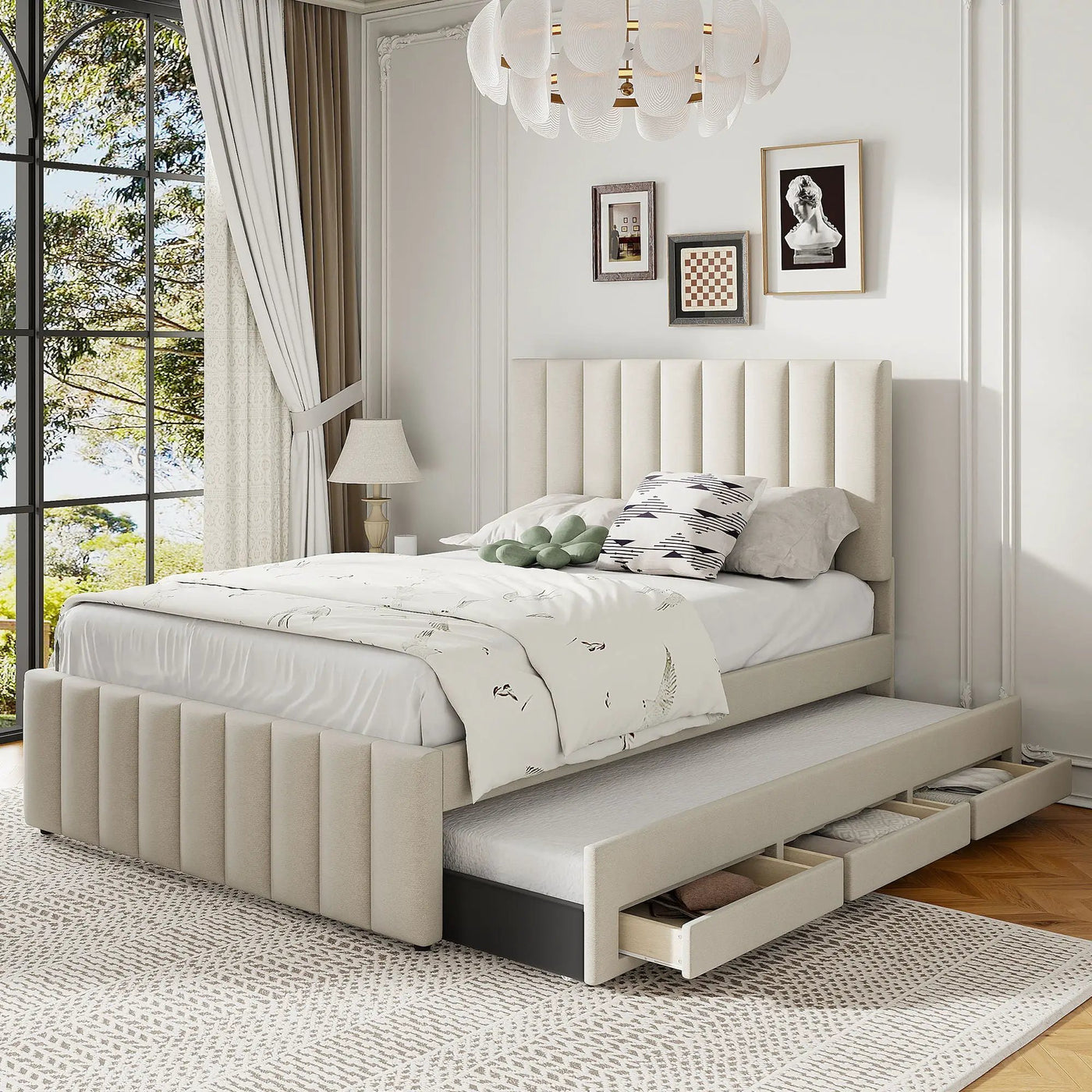 Upholstered Platform Bed With Twin Size Trundle And 3 Drawers by Unique Piece Furniture