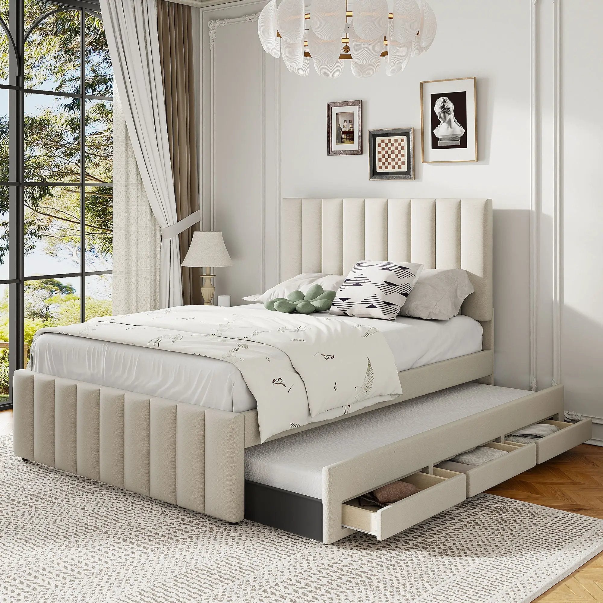 Upholstered Platform Bed With Twin Size Trundle And 3 Drawers by Unique Piece Furniture