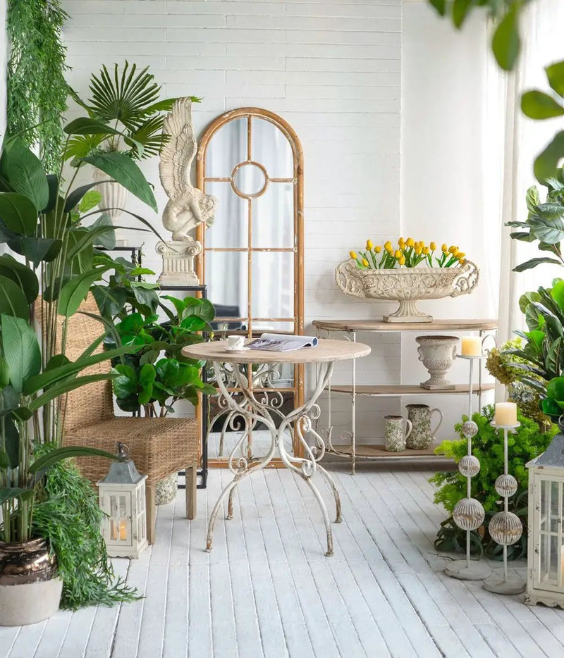 Round Wooden Table With Metal Scrollwork Legs - White Washed by HouseOfZazla