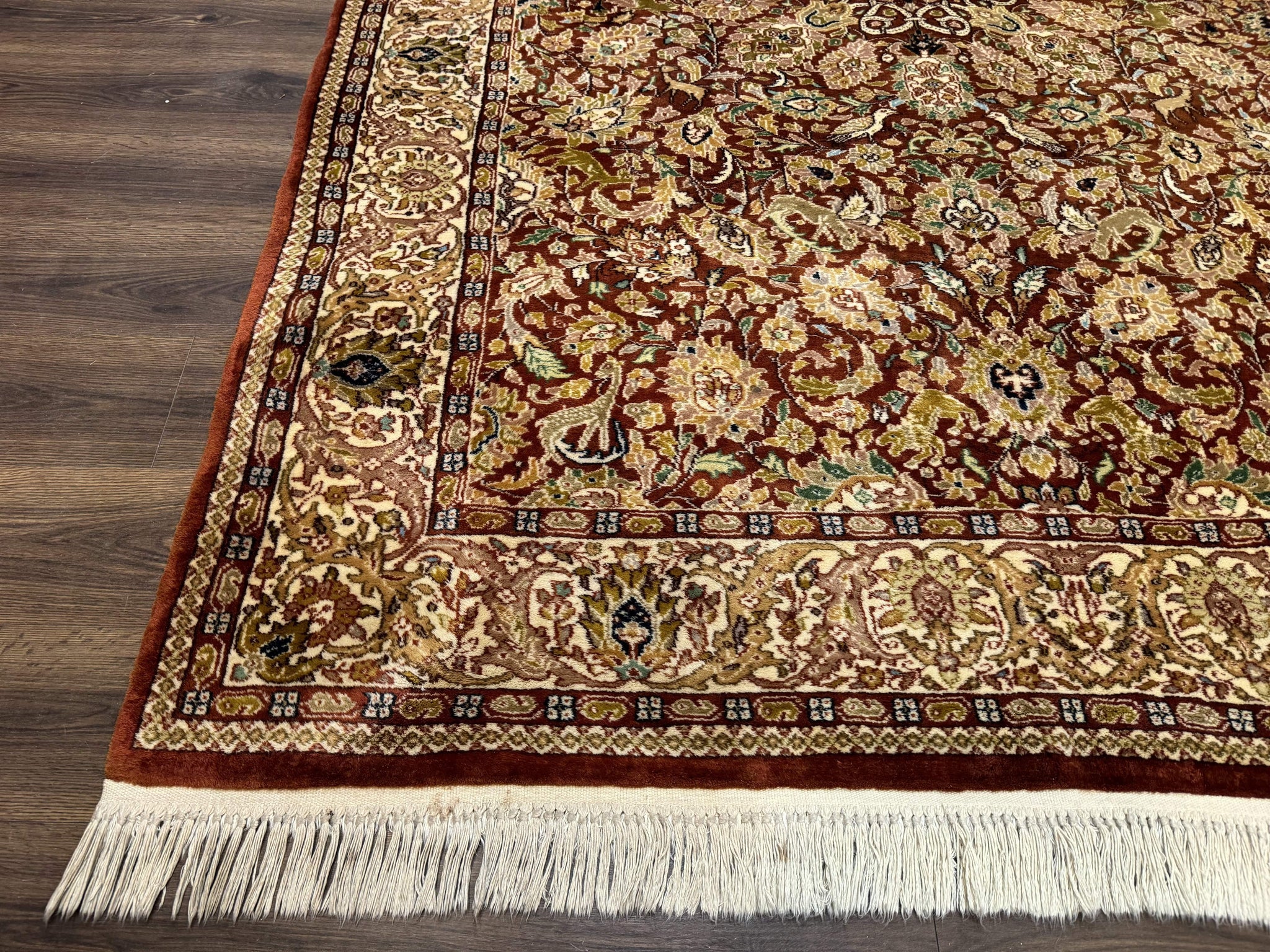 Tree of Life Indian Kashmiri Rug 6x9, Rust Red and Cream, Animal Pictorials, Fine 290 KPSI by Jewel Rugs