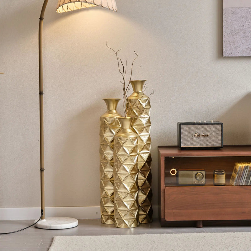 Metal Decorative Vase High Distress Metal Center Vase With 3D Triangle Pattern, (Set of 3) Vases For Home Decoration - Gold by HouseOfZazla