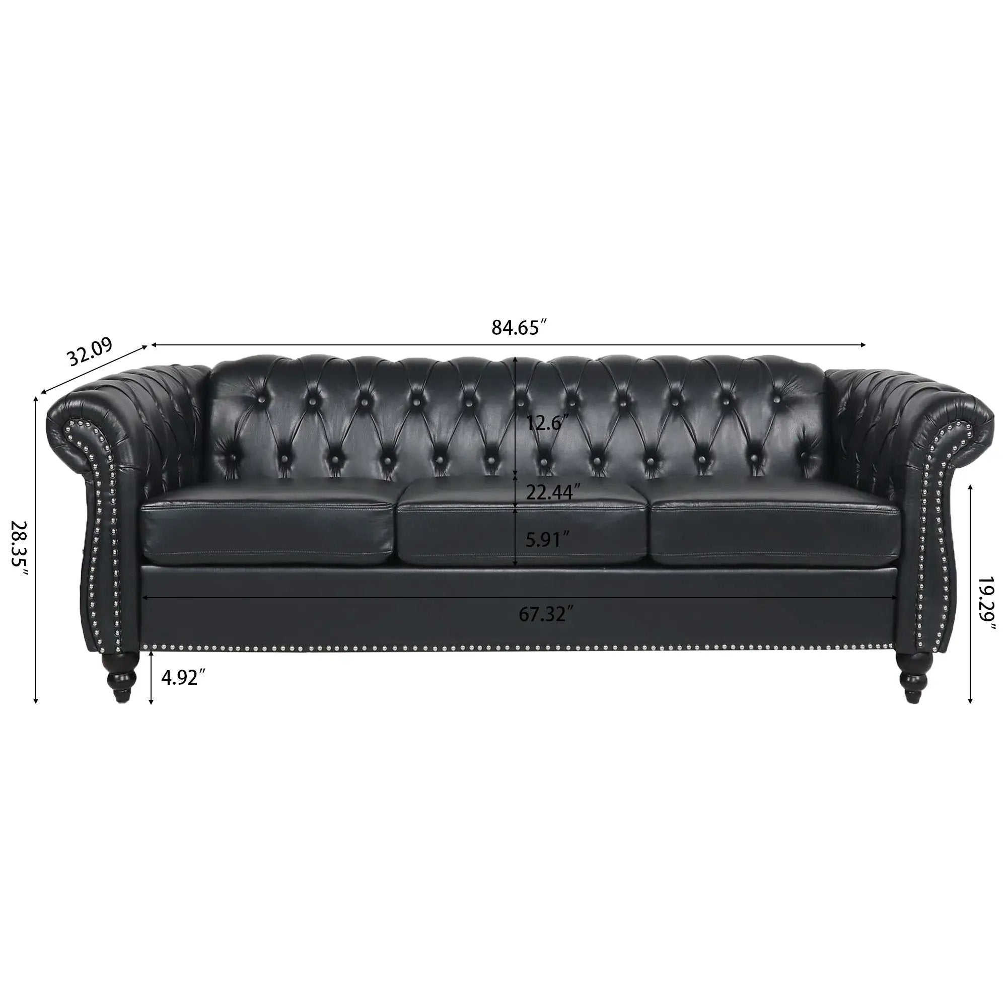 84.65" Black PU Rolled Arm Chesterfield Three Seater Sofa by HouseOfZazla
