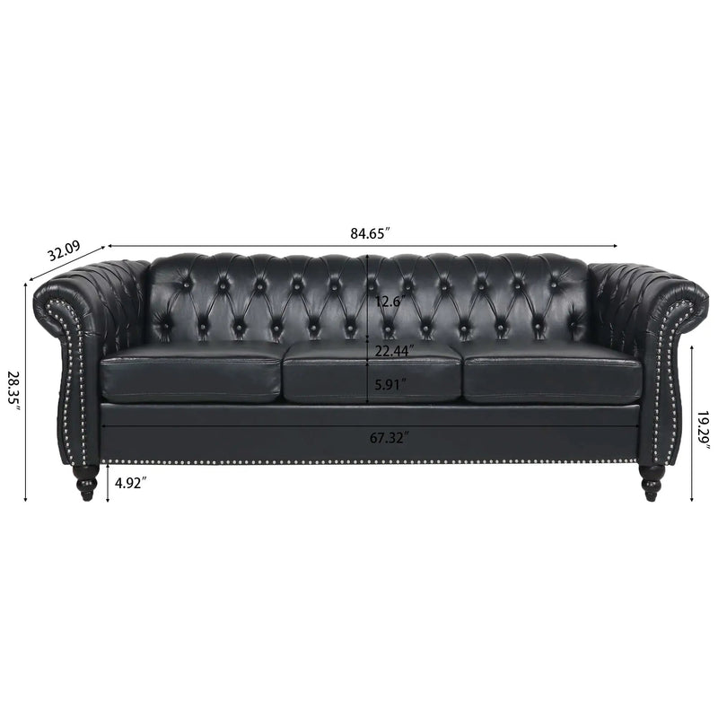 84.65" Black PU Rolled Arm Chesterfield Three Seater Sofa by HouseOfZazla