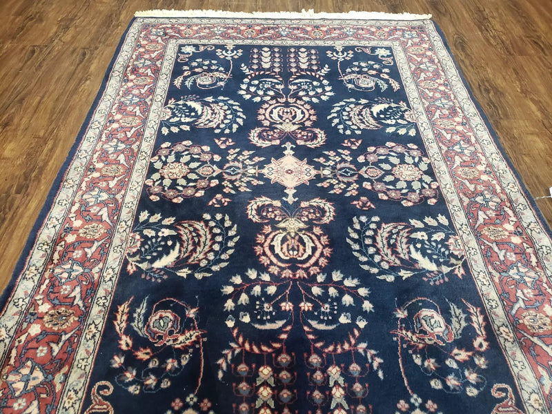 Dark Blue Indo Persian Rug 4x6, Medium Size Hand Knotted Oriental Carpet, Traditional Floral Indian Rug, Blue and Red Entryway Rug, Wool Rug by Jewel Rugs