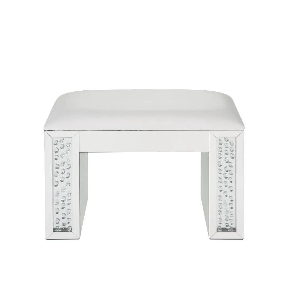 Nysa - Vanity Stool - Ivory Synthetic Leather , Mirrored & Faux Crystals by Unique Piece Furniture