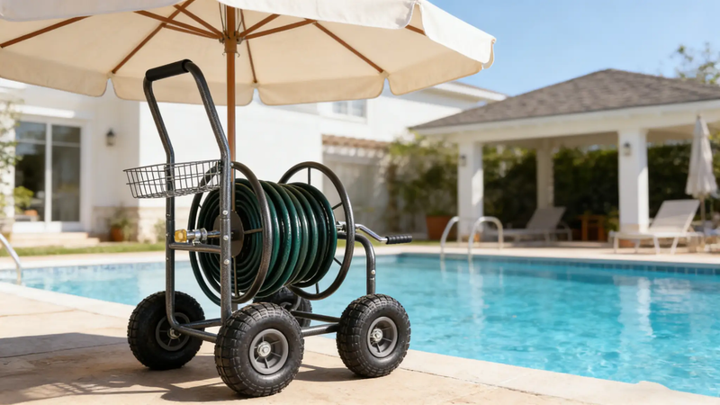 Garden Hose Reel Cart - 4 Wheels Portable with Storage Basket by HouseOfZazla