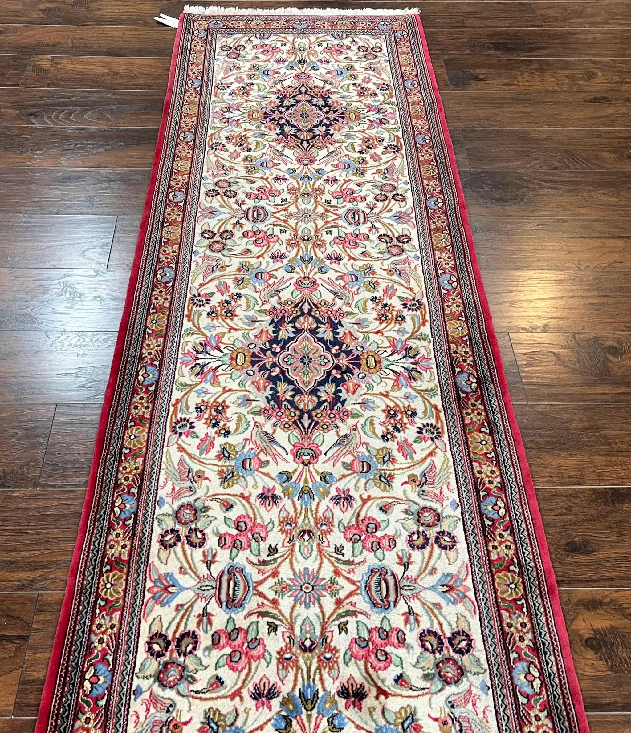 Wonderful Persian Qum Runner Rug 2.8 x 10 ft, Floral Medallions with Bird Motifs, Hand Knotted Wool Fine Oriental 10ft Hallway Runner, Cream Red by Jewel Rugs