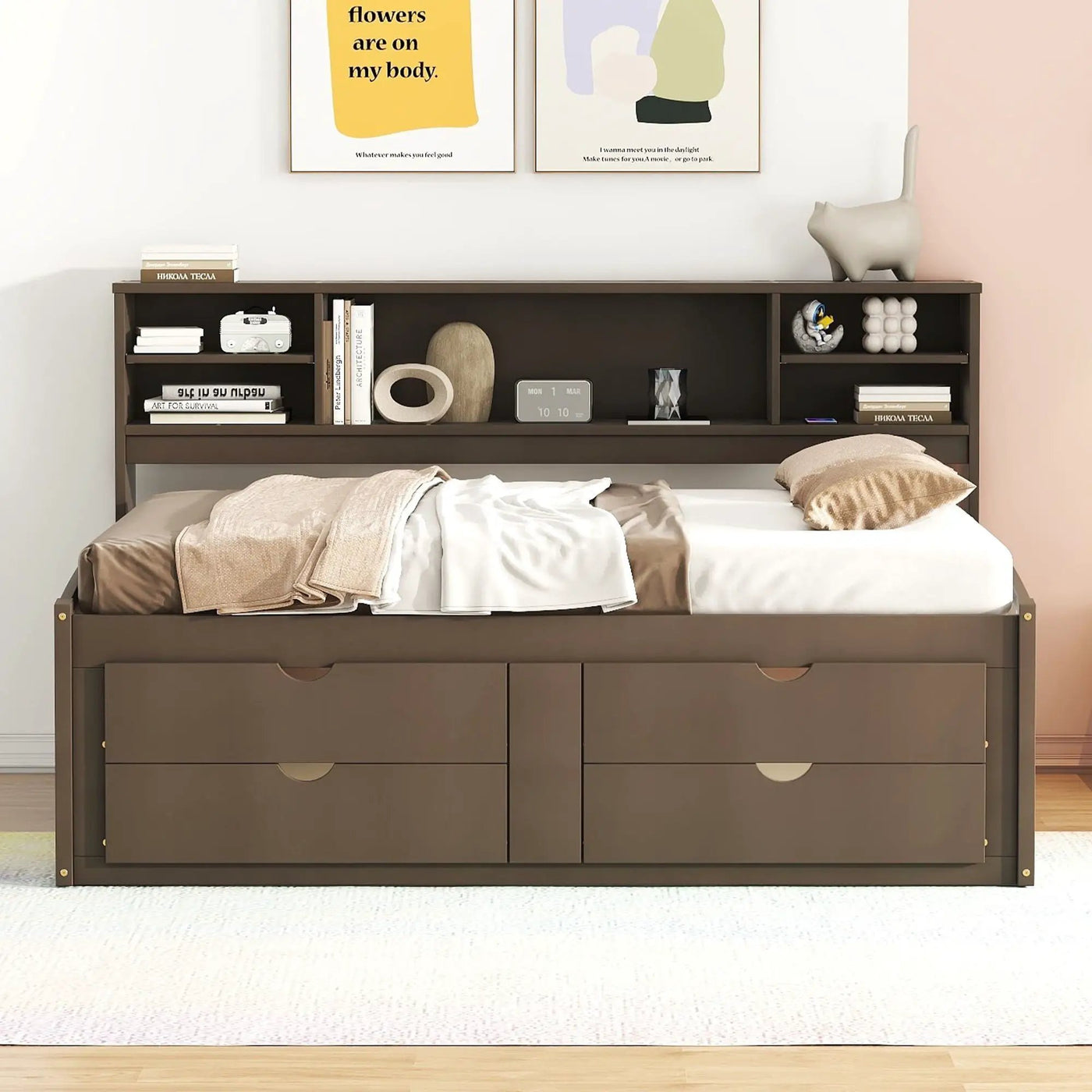 Daybed With 2 Bedside Cabinets, Upper Shelves And 4 Drawers by Unique Piece Furniture