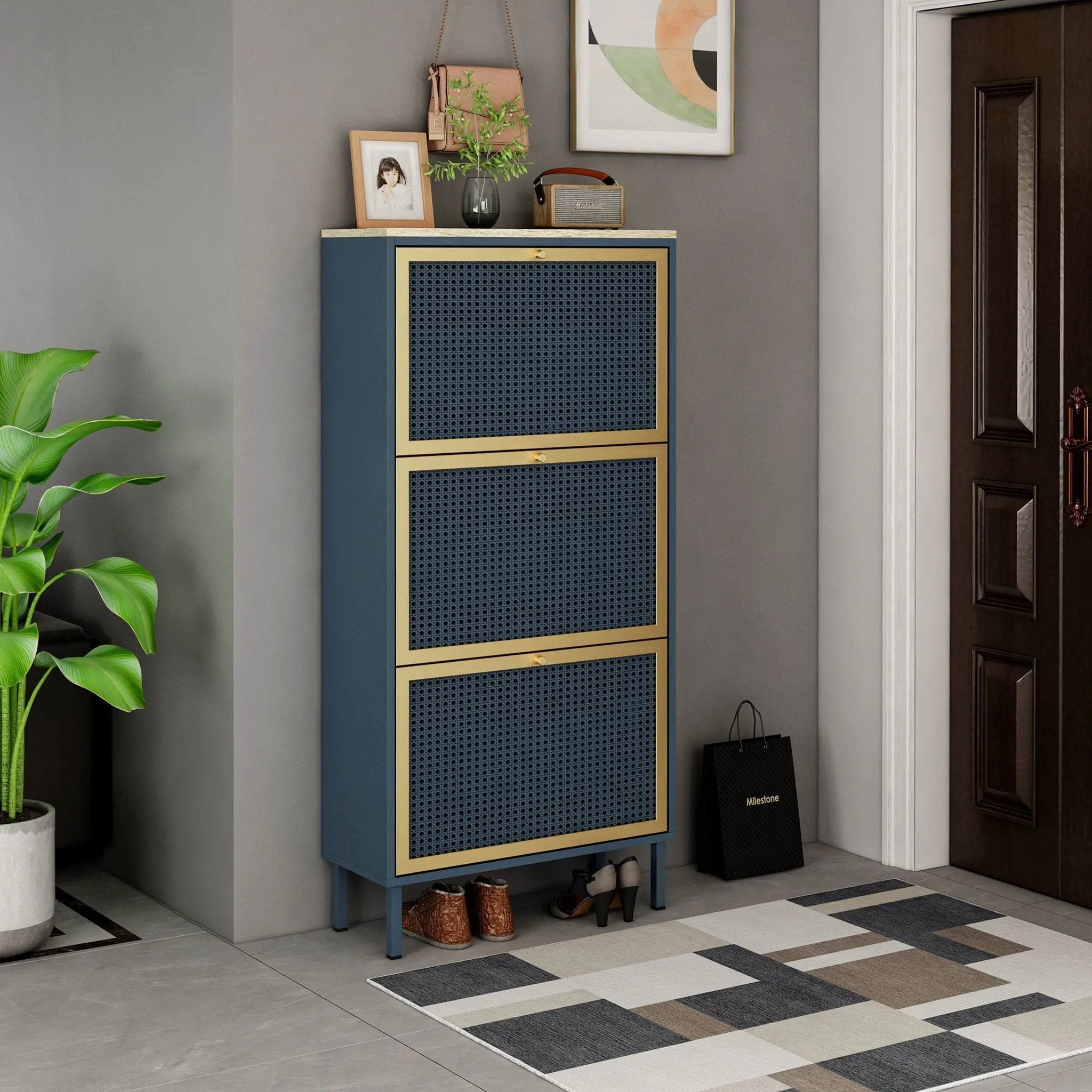 Modern Rattan 3 Door Shoe Rack Cabinet for Entryway by HouseOfZazla