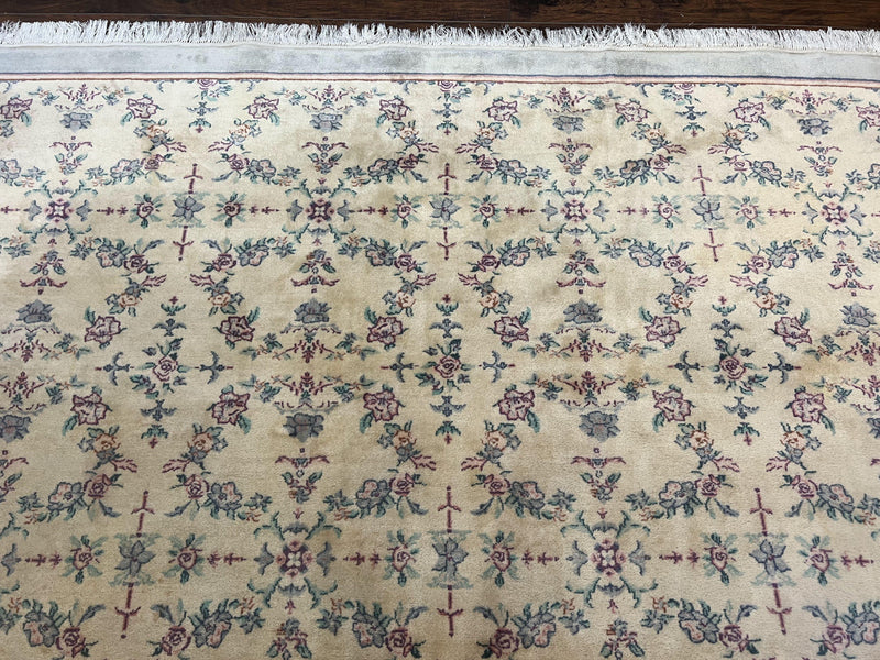Sino Persian Rug 8x10, Floral, Oatmeal and Light Teal, Handmade Wool Vintage Carpet by Jewel Rugs