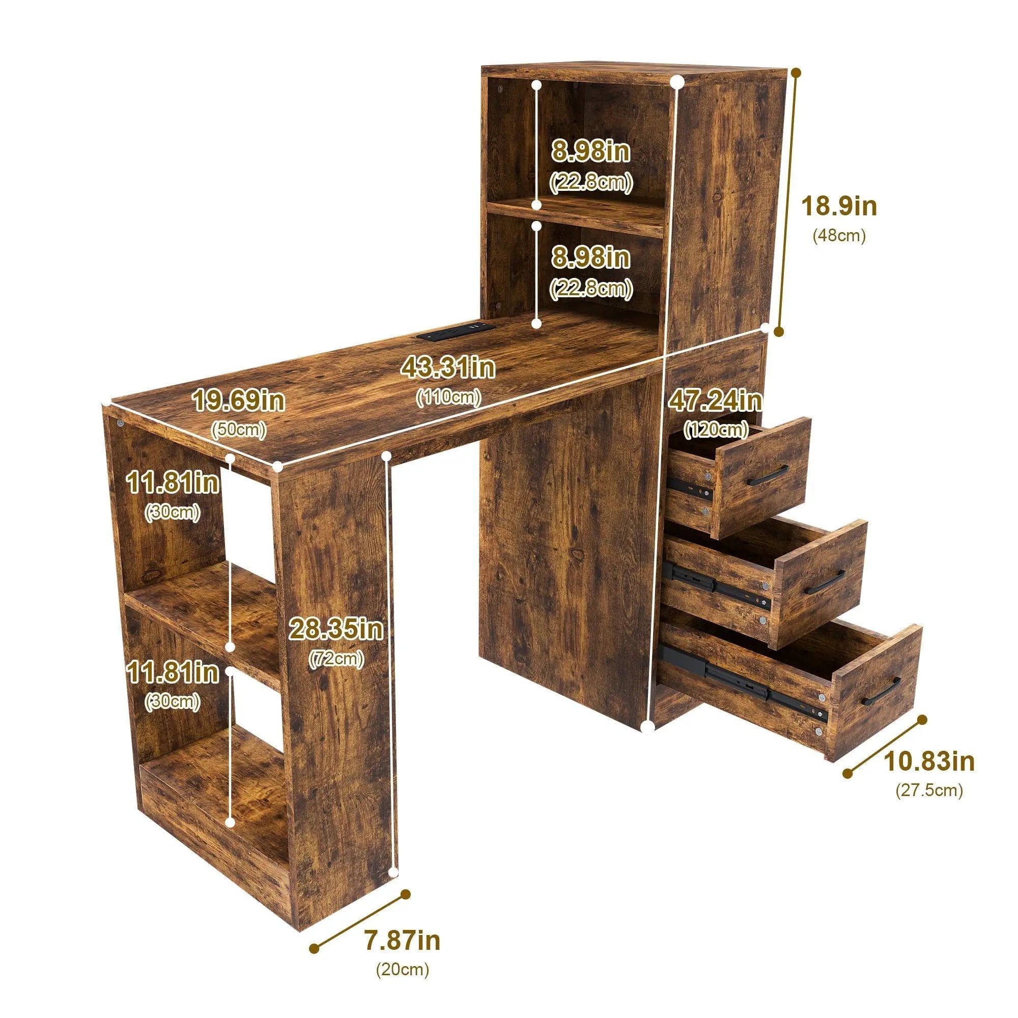 Computer Desk With 4 In 1 Socket & 3 Drawers, 4 Tier Shelves by HouseOfZazla