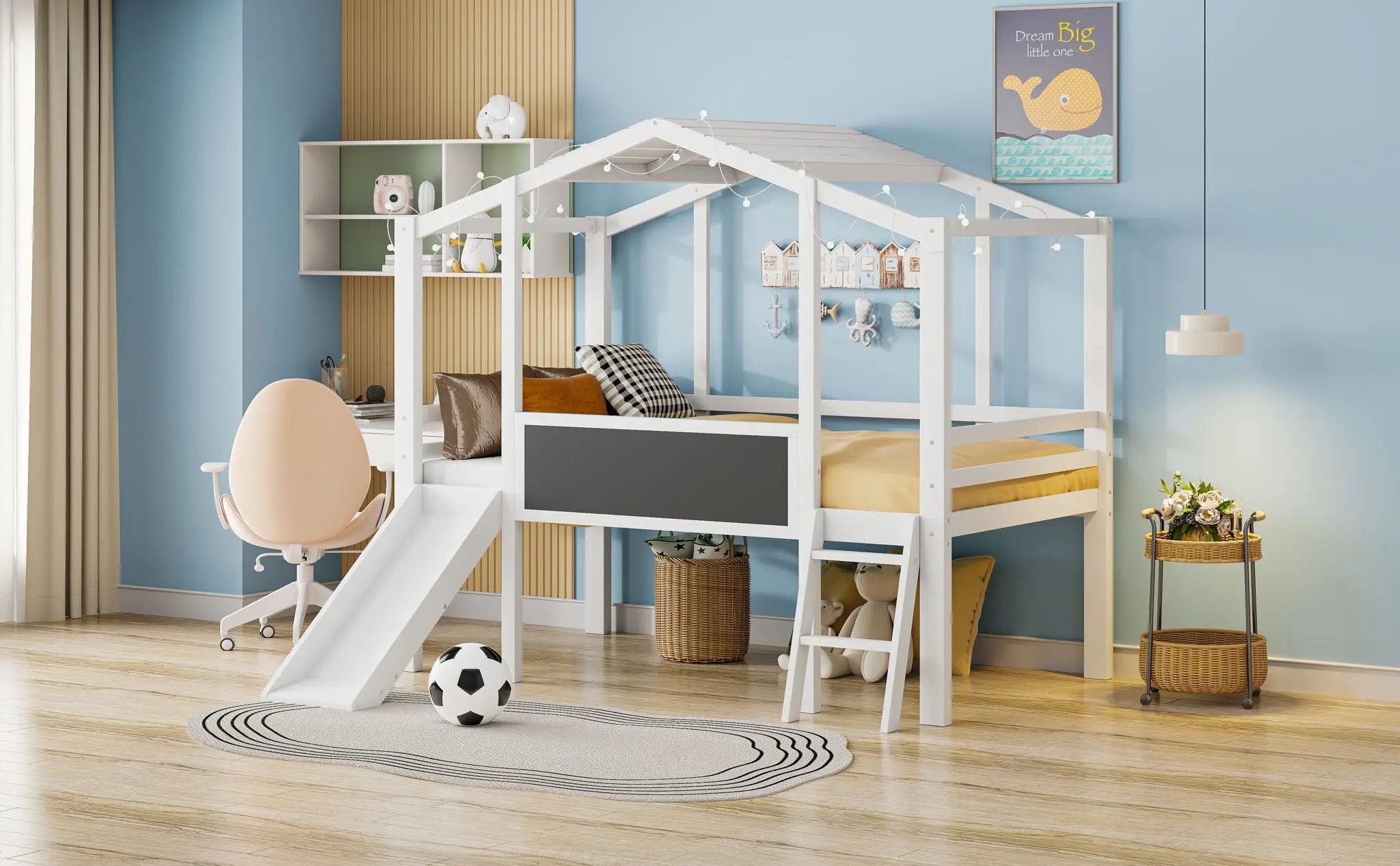 Loft House Bed With Ladder And Slide, With board And Light Strip On The Roof by HouseOfZazla